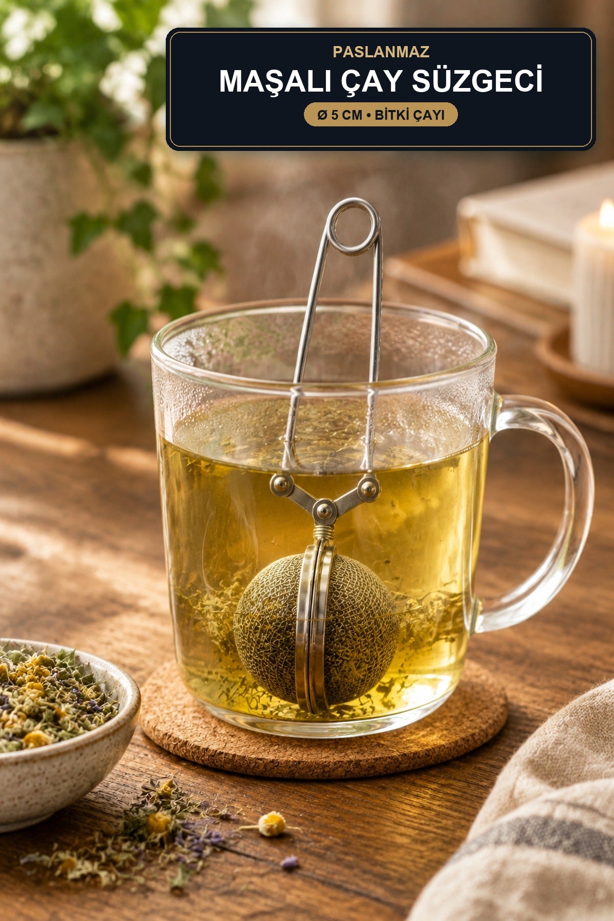 Maşalı Bitki Çayı Demleme Süzgeci Paslanmaz Çelik 5 cm Top Çay Süzgeci