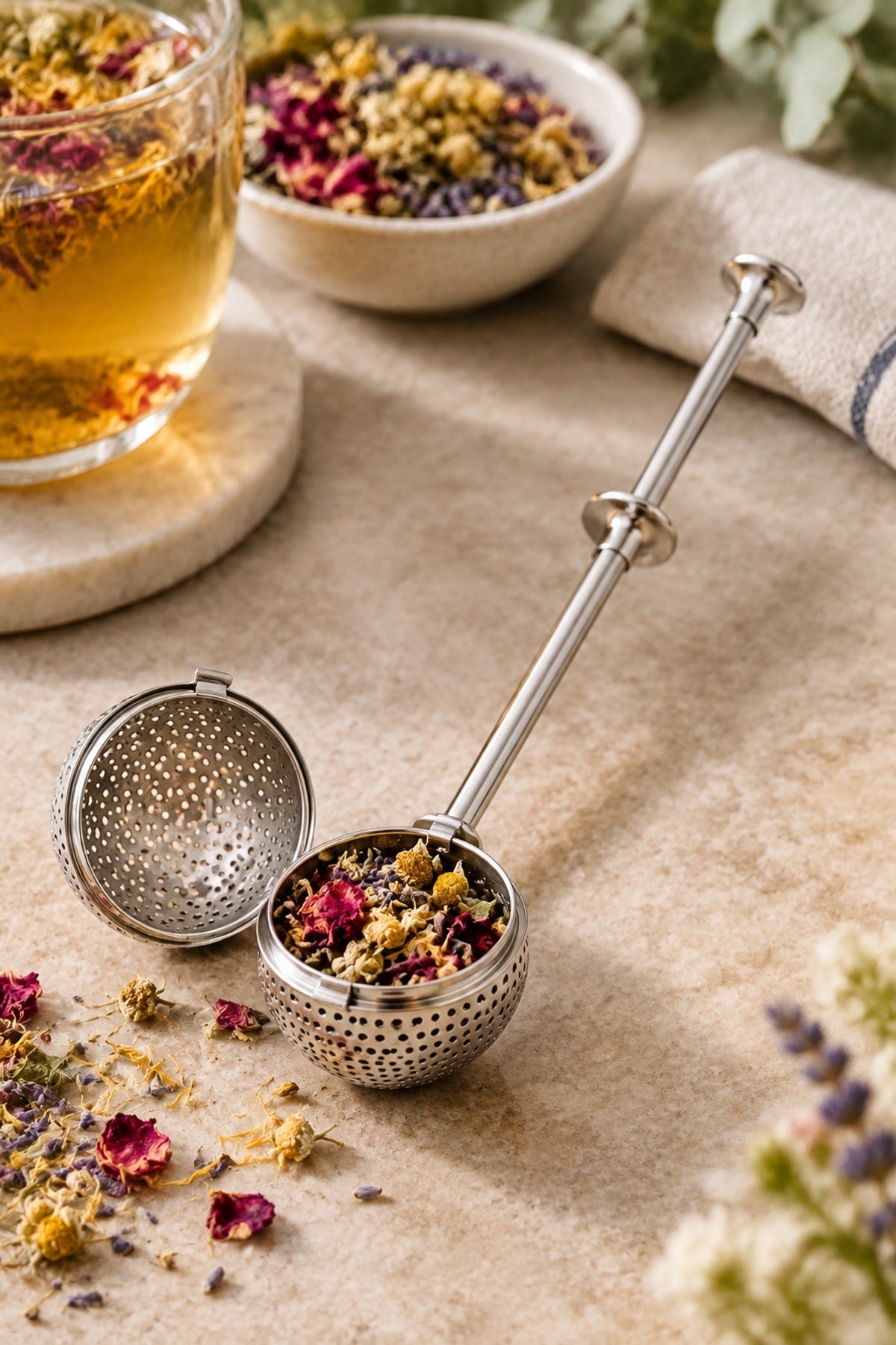 Saplı Top Hazneli Bitki Çayı Demleme Süzgeci Paslanmaz Çelik 5 cm Basm