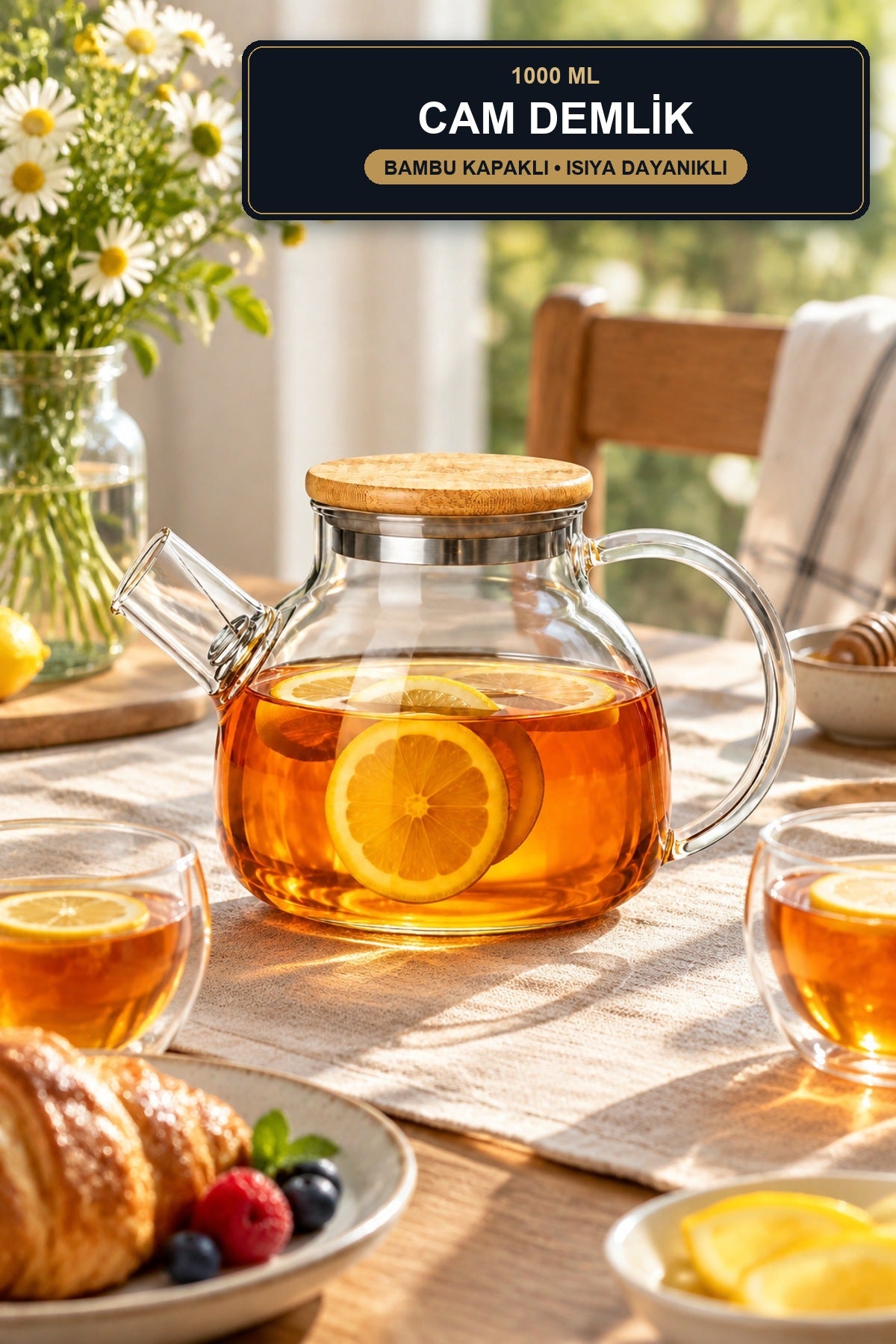 Cam Demlik 1000 ml Bambu Kapaklı Isıya Dayanıklı Borosilikat Çay ve Bi