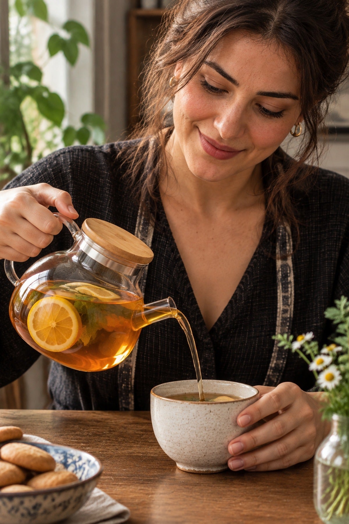 Cam Demlik 1000 ml Bambu Kapaklı Isıya Dayanıklı Borosilikat Çay ve Bi