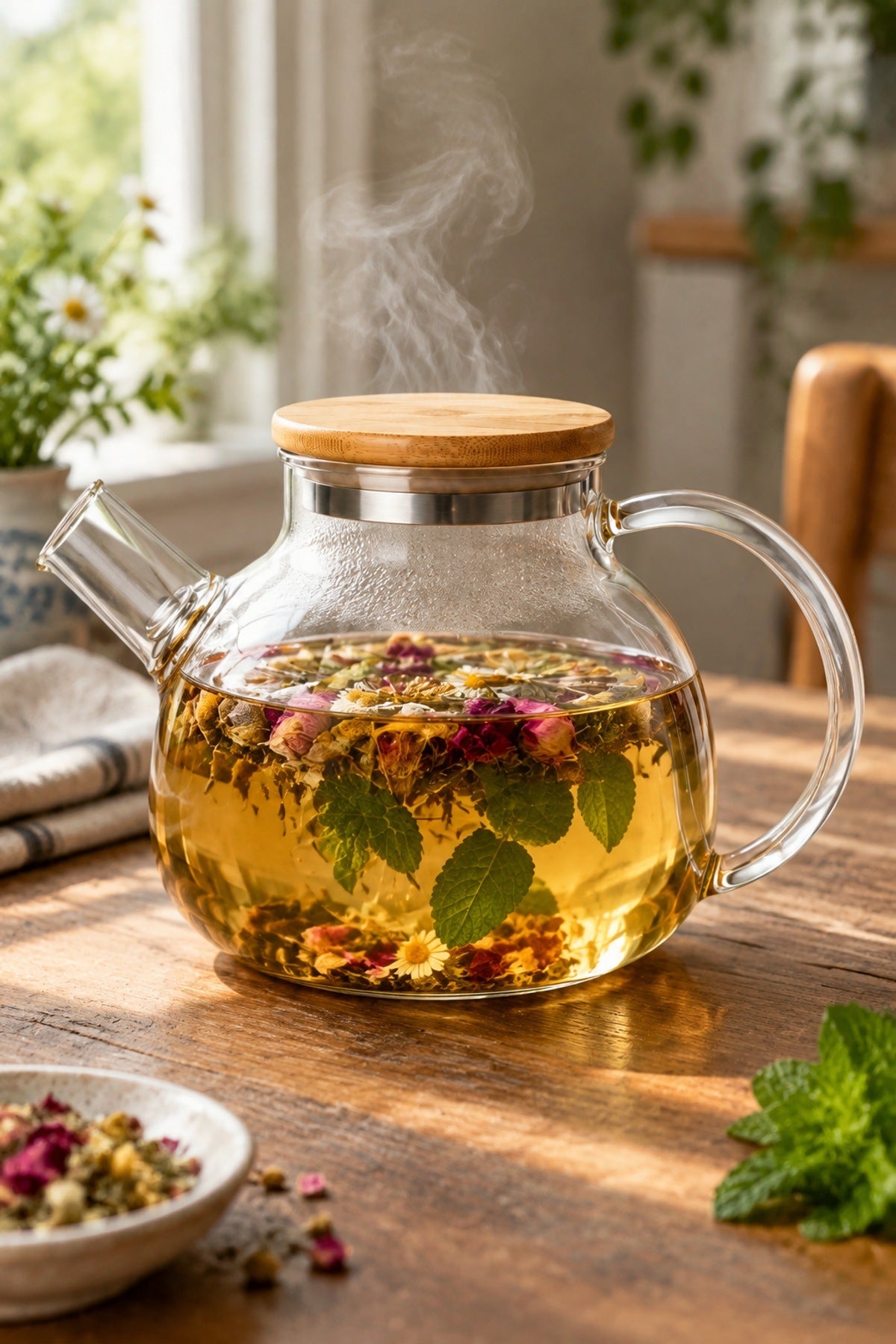 Cam Demlik 1000 ml Bambu Kapaklı Isıya Dayanıklı Borosilikat Çay ve Bi