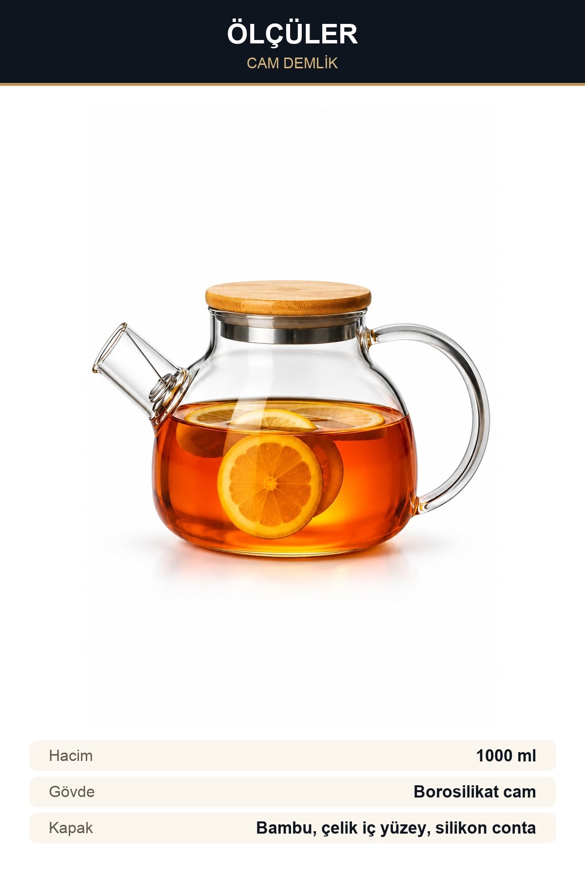 Cam Demlik 1000 ml Bambu Kapaklı Isıya Dayanıklı Borosilikat Çay ve Bi