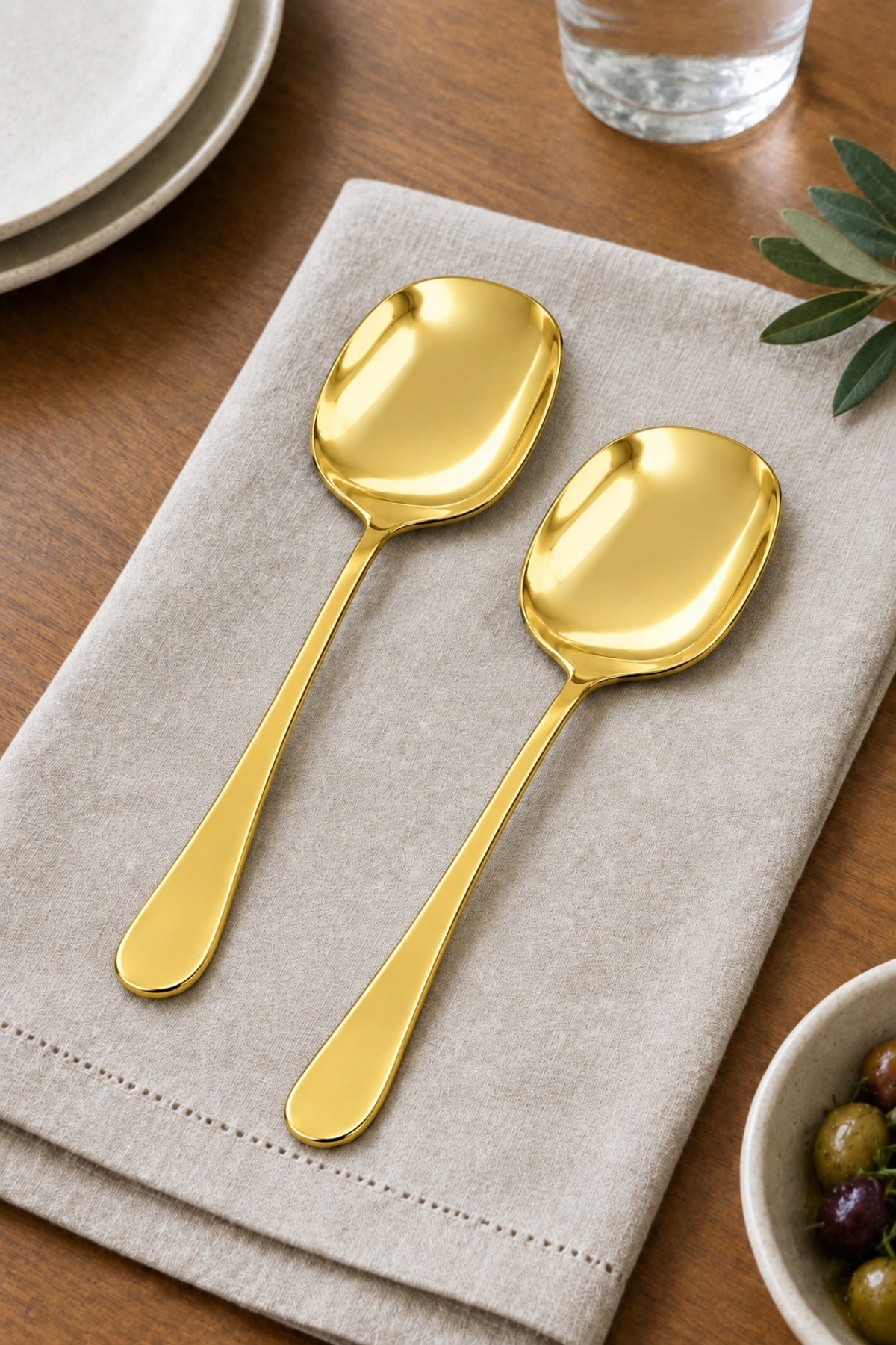 2'li Servis Kaşığı Seti 21 cm 25 cm Paslanmaz Çelik Pilav Servis Kaşığ Gold