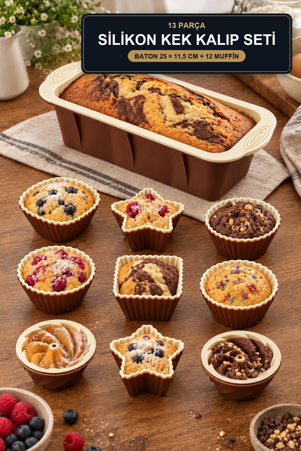 13 Parça Silikon Kek Kalıbı Seti Baton 25x11,5 cm ve 12 Muffin Kalıbı