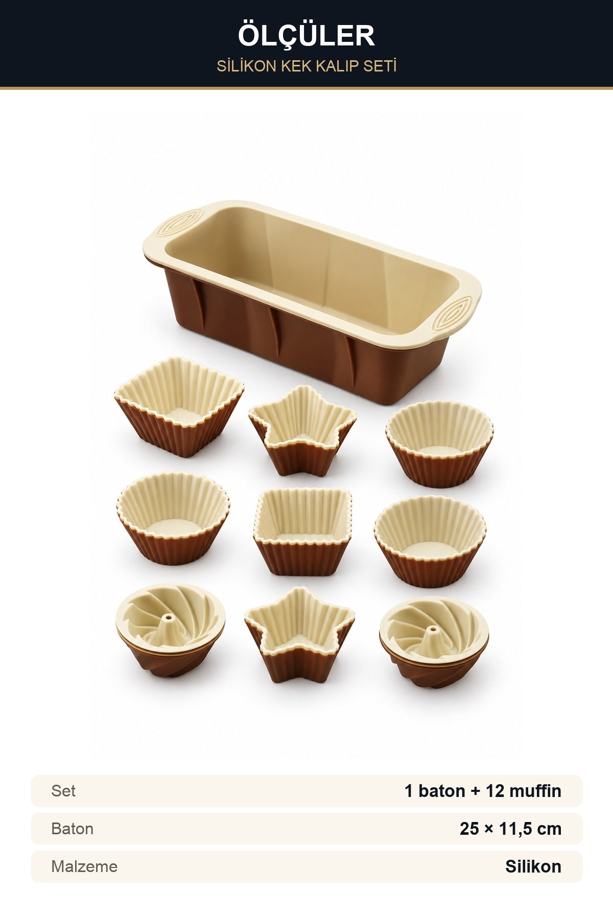13 Parça Silikon Kek Kalıbı Seti Baton 25x11,5 cm ve 12 Muffin Kalıbı