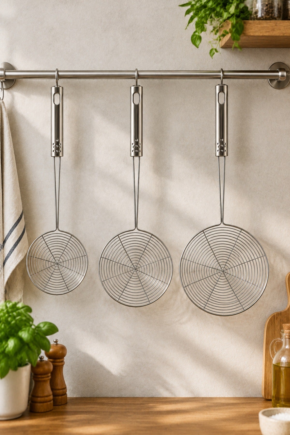 3'lü Çelik Tel Kevgir Seti 14 16 20 cm Metal Saplı Kızartma Makarna Sü