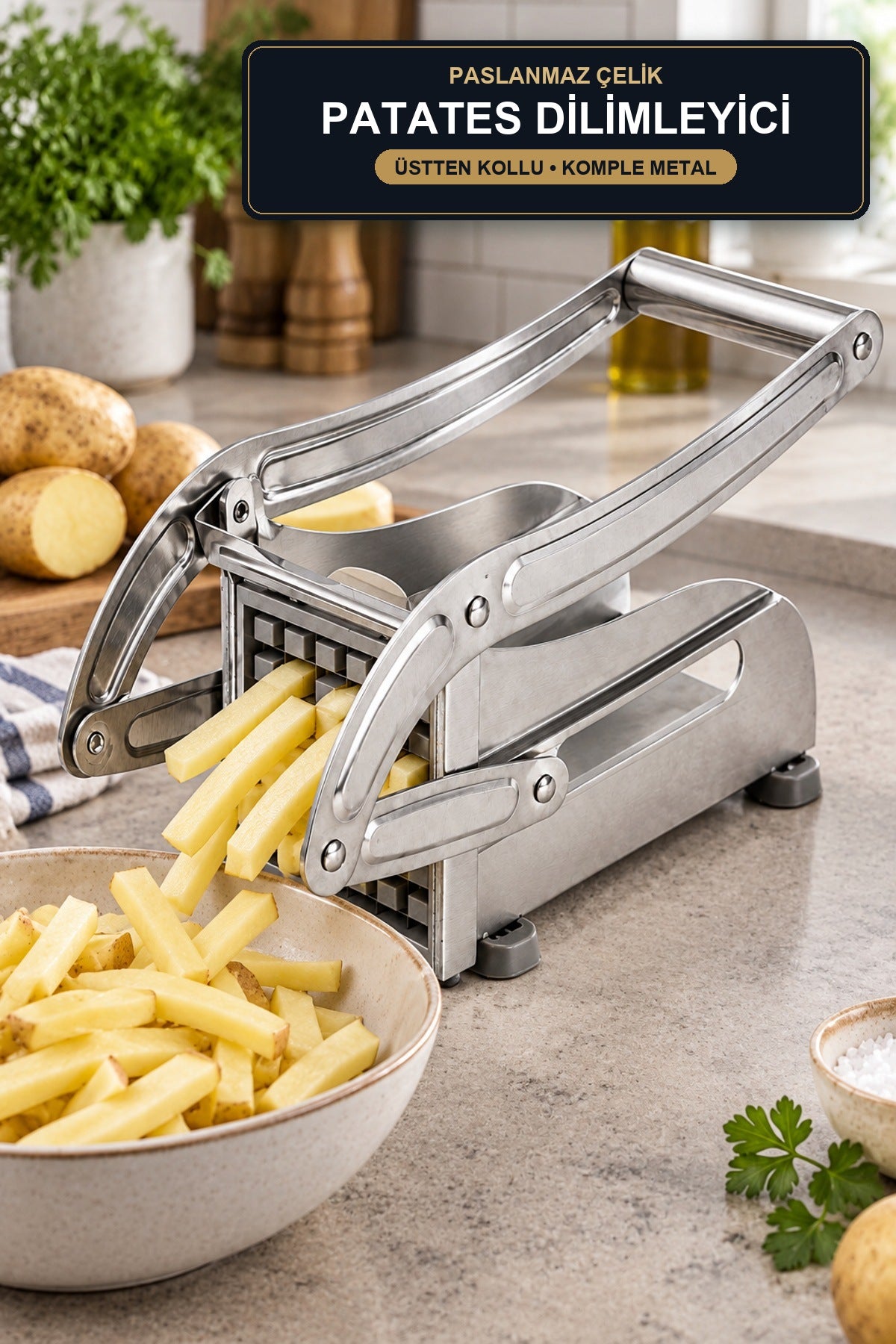 Patates Dilimleme Makinesi Manuel Paslanmaz Çelik Üstten Kollu Parmak