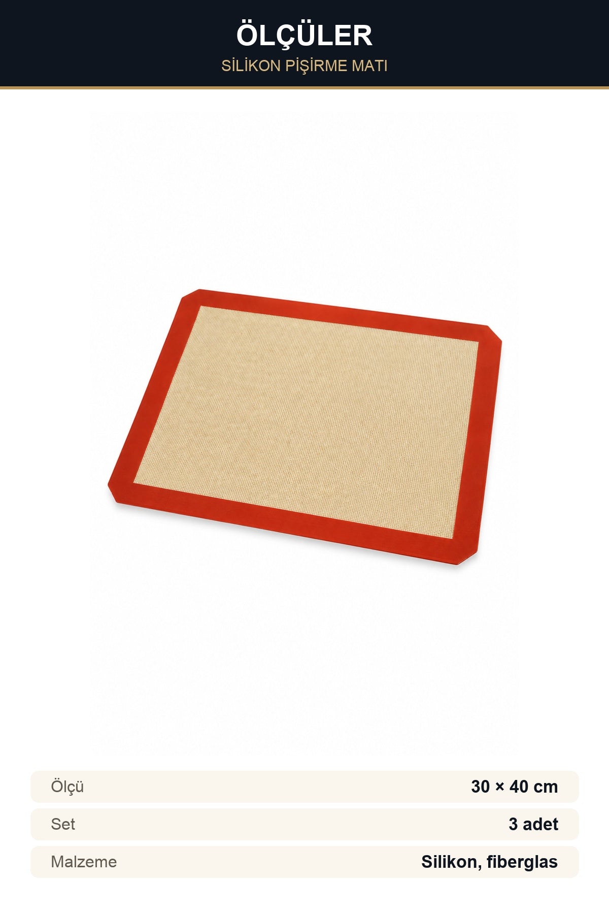 3'lü Silikon Fırın Pişirme Matı 30x40 cm Silpat Yapışmaz Yıkanabilir F