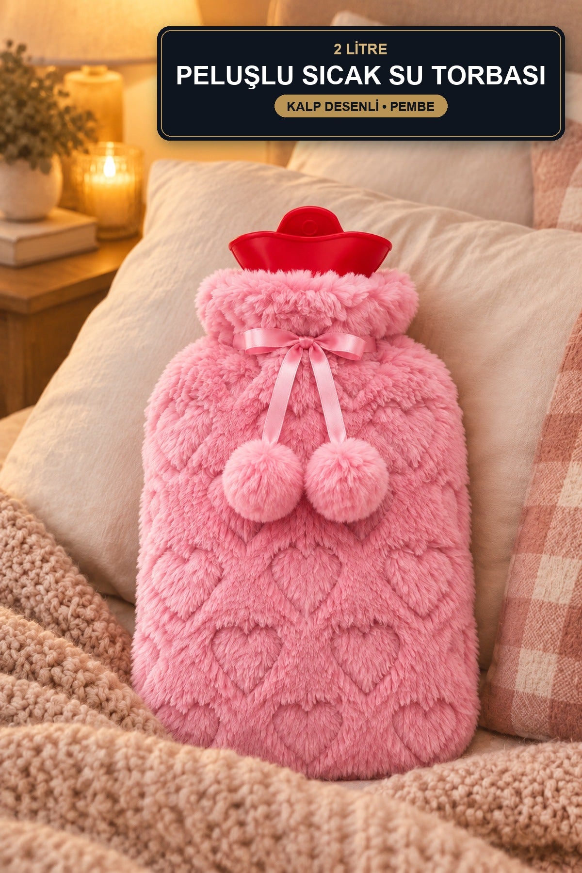 Peluşlu Sıcak Su Torbası 2 Litre Kalp Desenli Pembe Ponponlu Termofor
