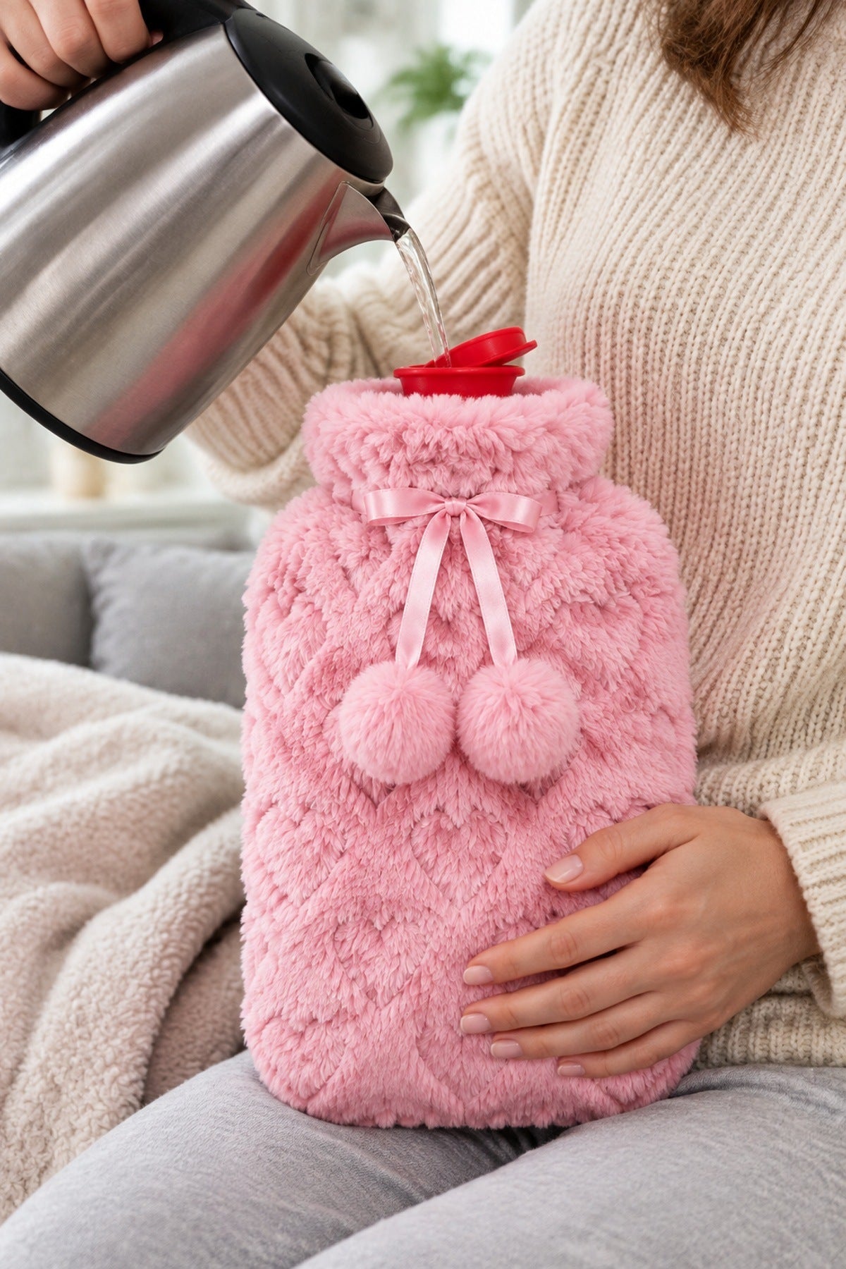 Peluşlu Sıcak Su Torbası 2 Litre Kalp Desenli Pembe Ponponlu Termofor