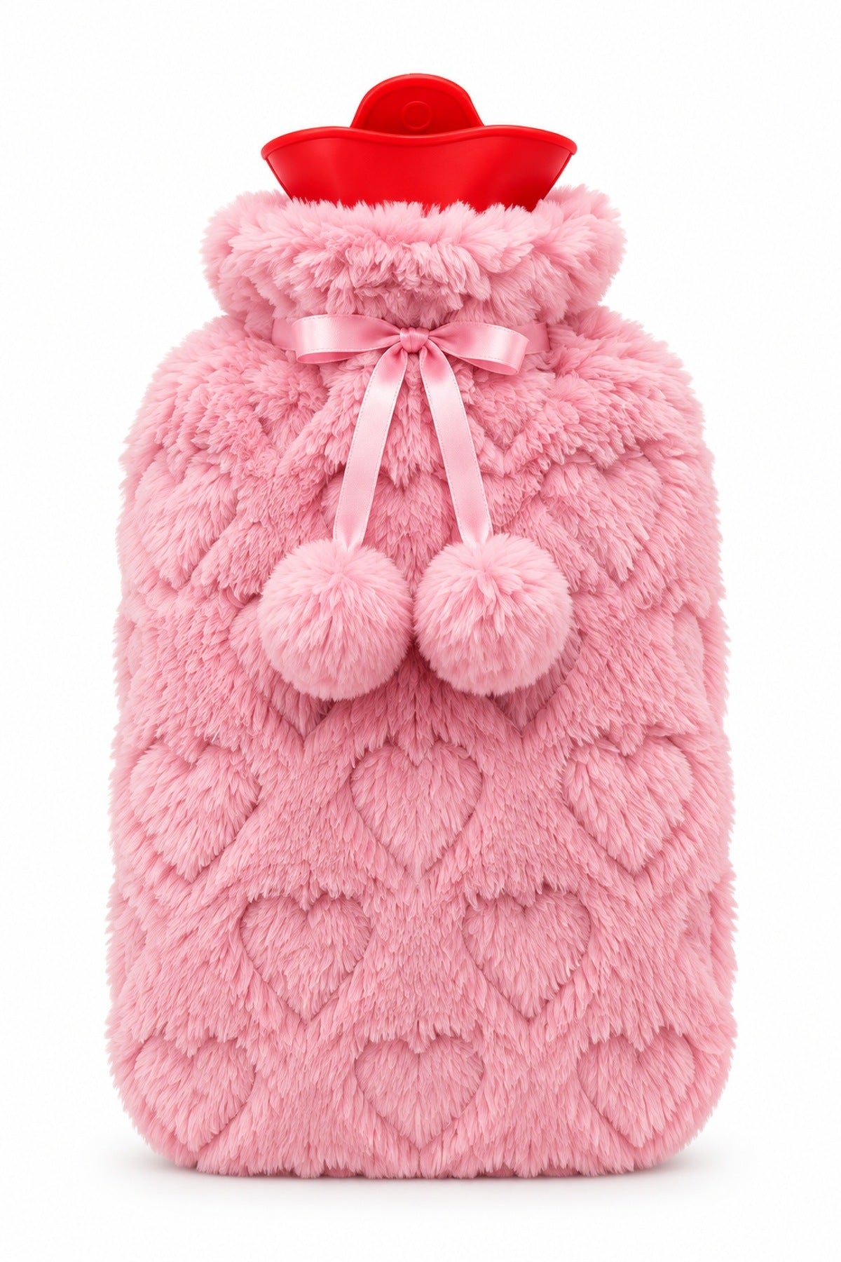 Peluşlu Sıcak Su Torbası 2 Litre Kalp Desenli Pembe Ponponlu Termofor