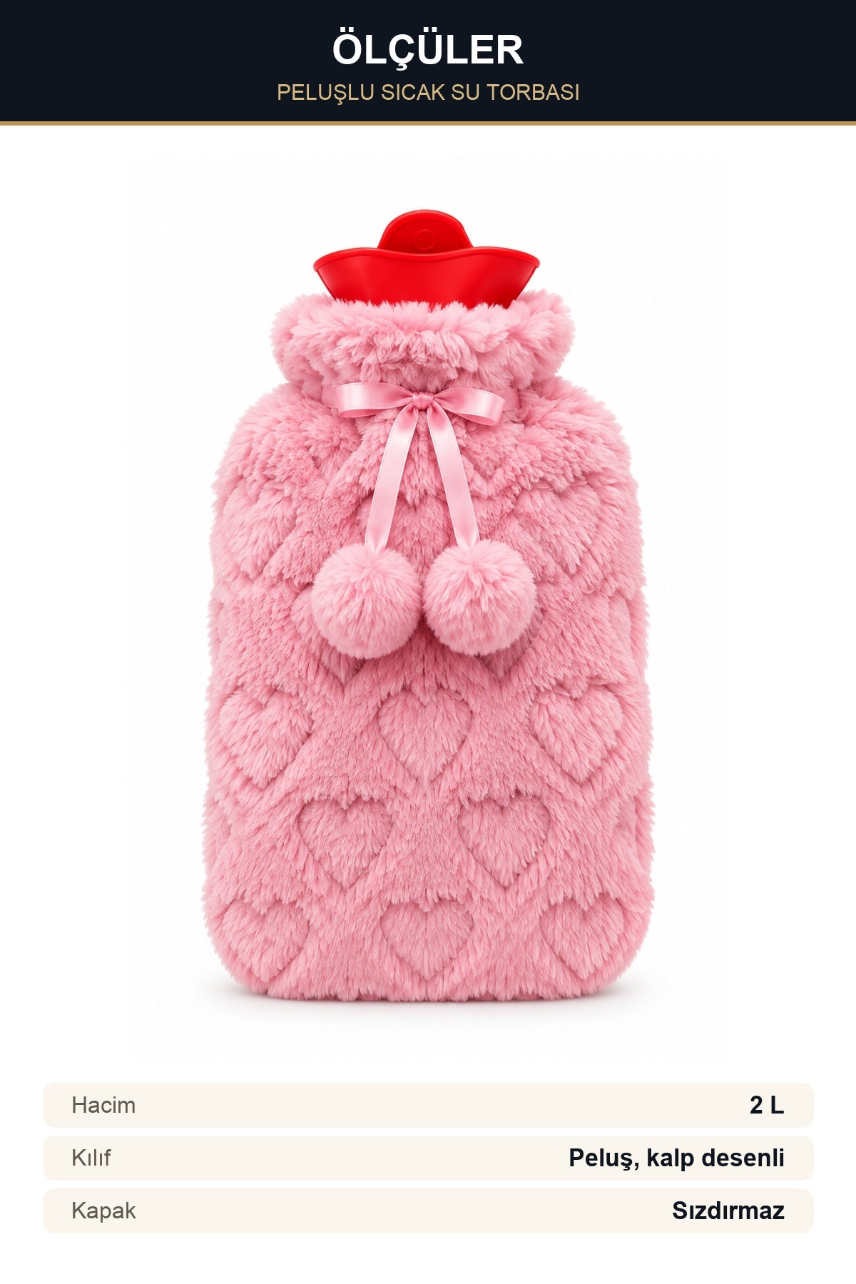 Peluşlu Sıcak Su Torbası 2 Litre Kalp Desenli Pembe Ponponlu Termofor
