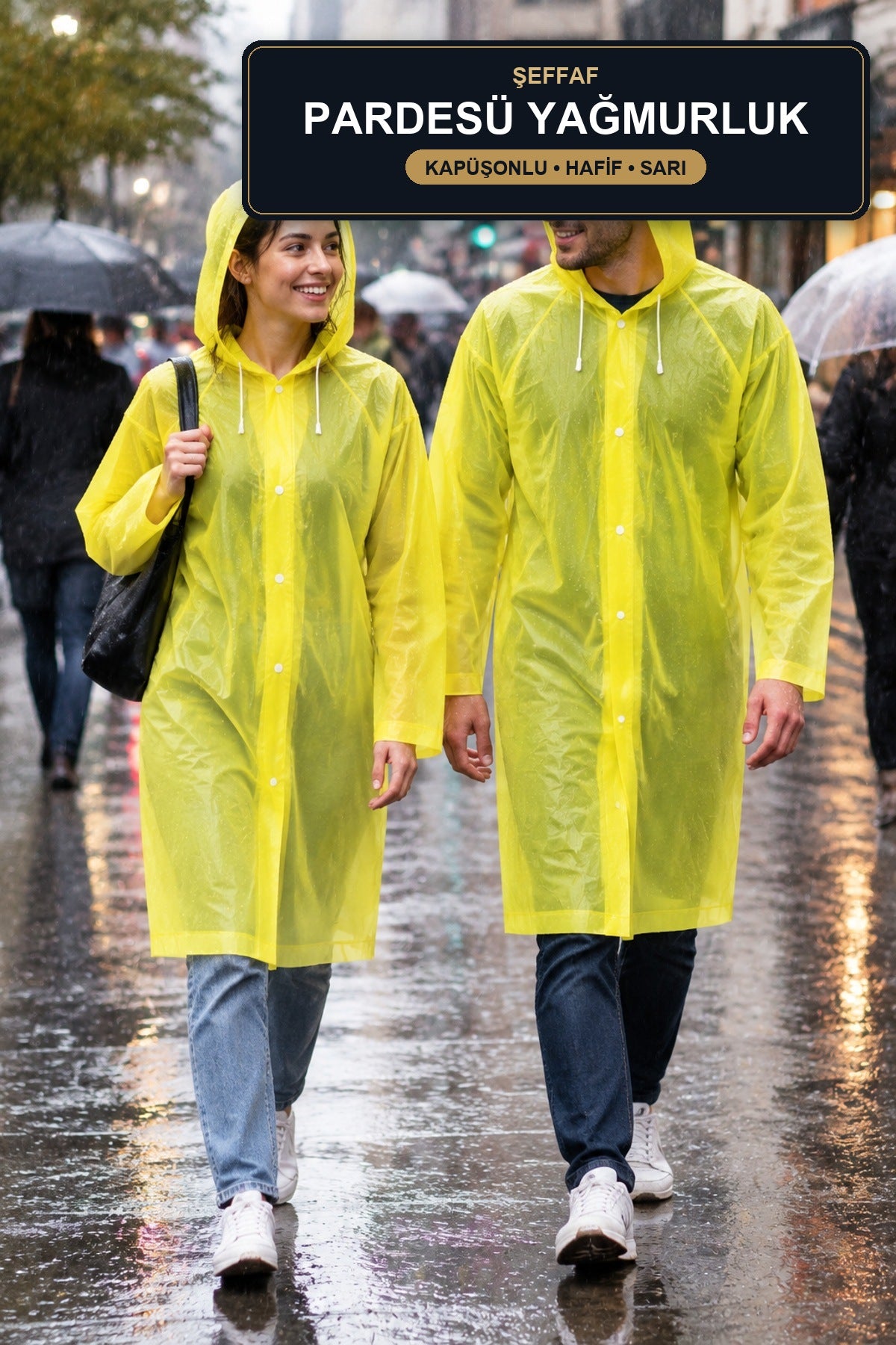 Şeffaf Pardesü Yağmurluk Kapüşonlu Sarı Unisex Hafif Tek Kullanımlık Y