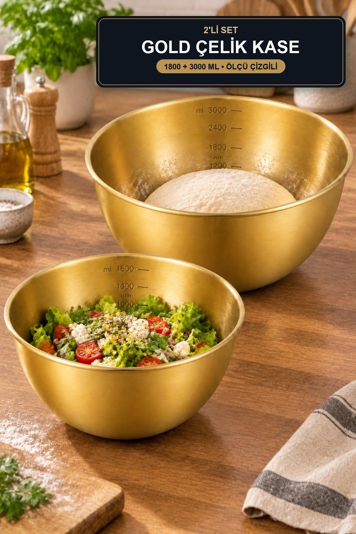 2'li Gold Çelik Karıştırma Kasesi 1800 ml 3000 ml Ölçü Çizgili Paslanm