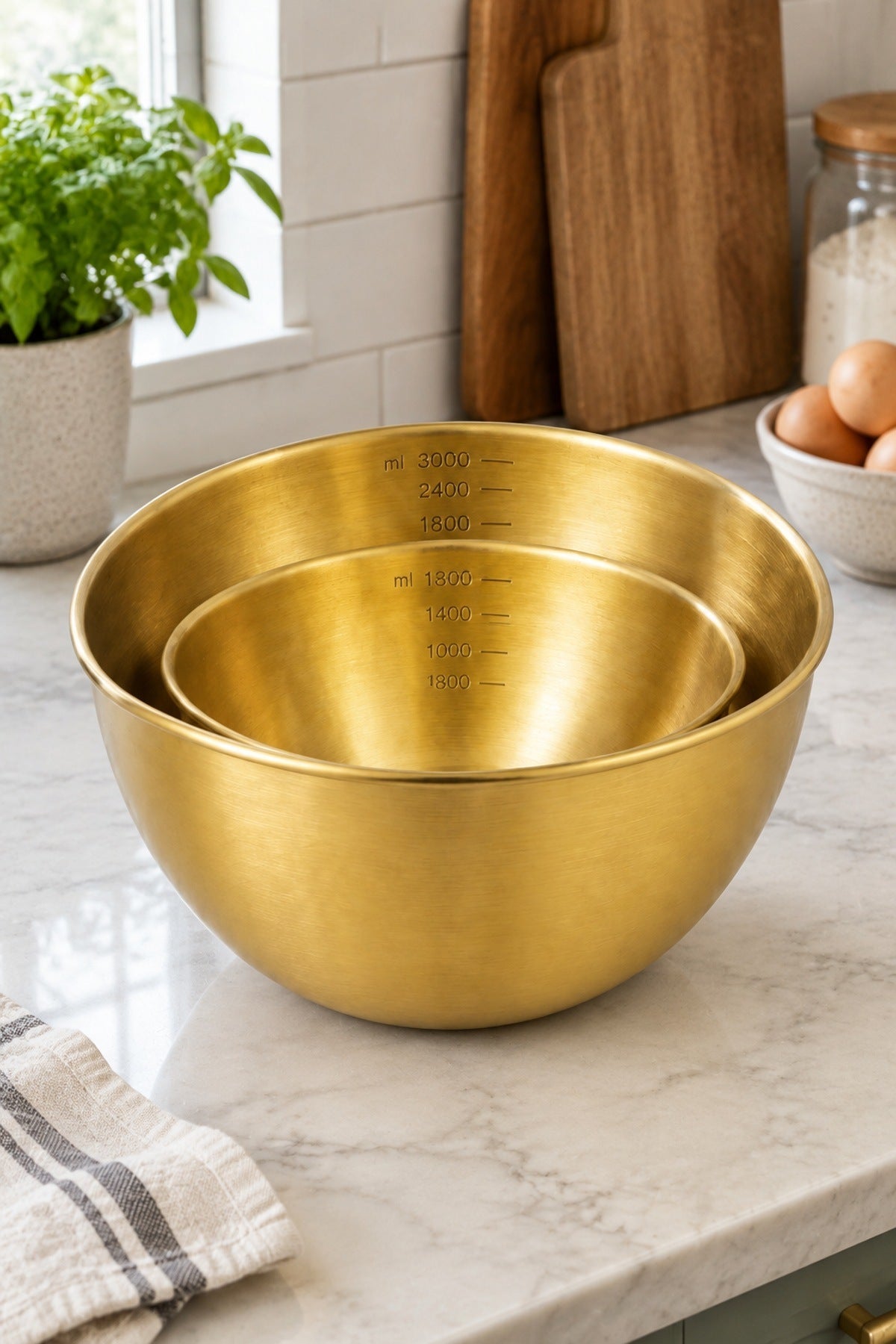 2'li Gold Çelik Karıştırma Kasesi 1800 ml 3000 ml Ölçü Çizgili Paslanm