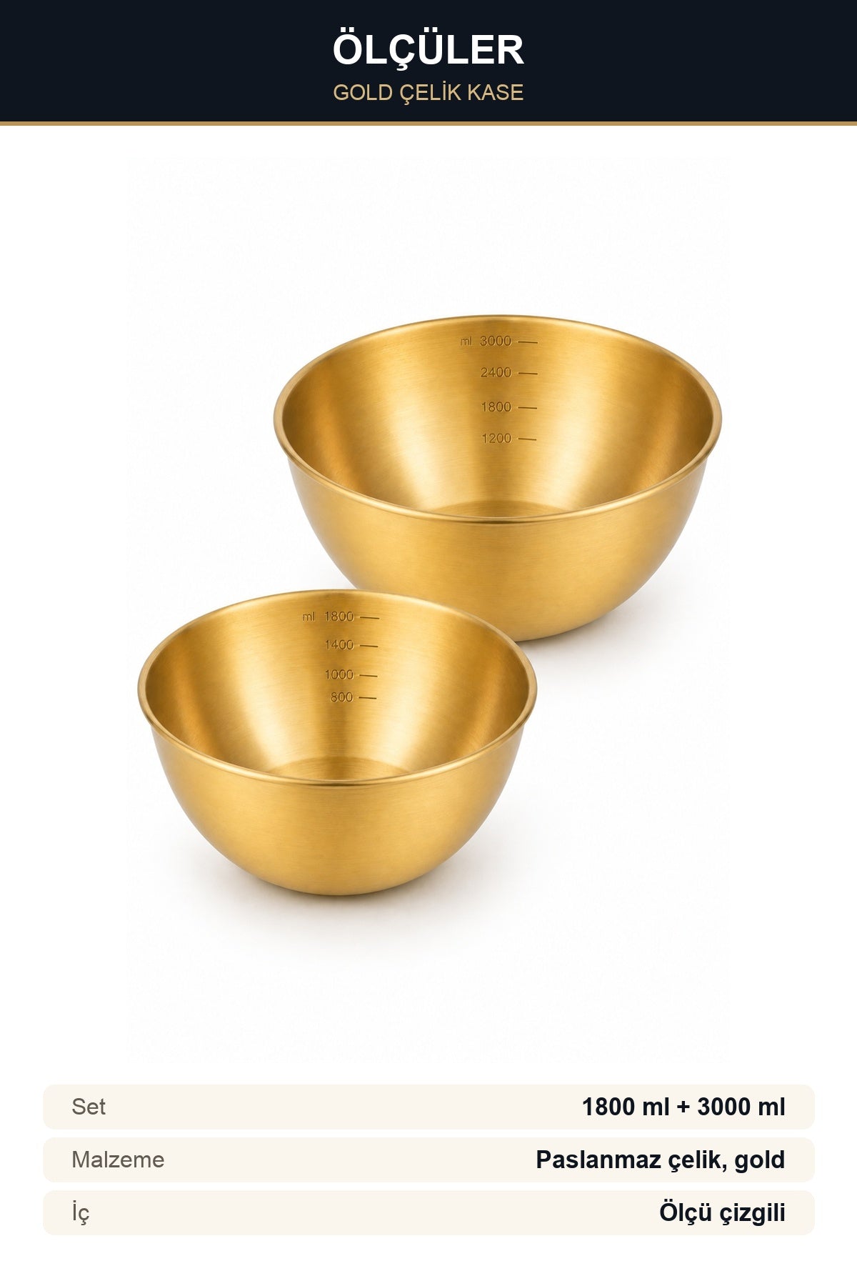 2'li Gold Çelik Karıştırma Kasesi 1800 ml 3000 ml Ölçü Çizgili Paslanm