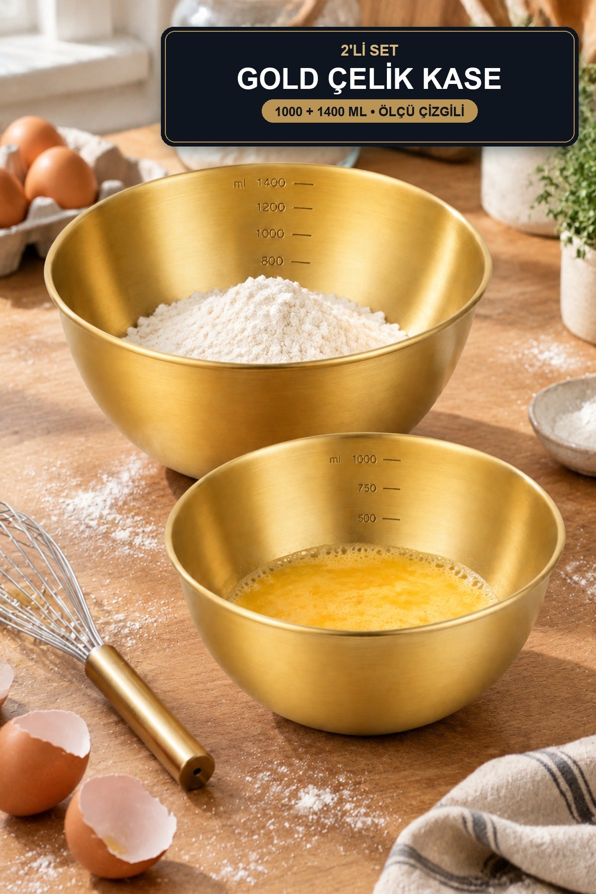 2'li Gold Çelik Karıştırma Kasesi 1000 ml 1400 ml Ölçü Çizgili Paslanm