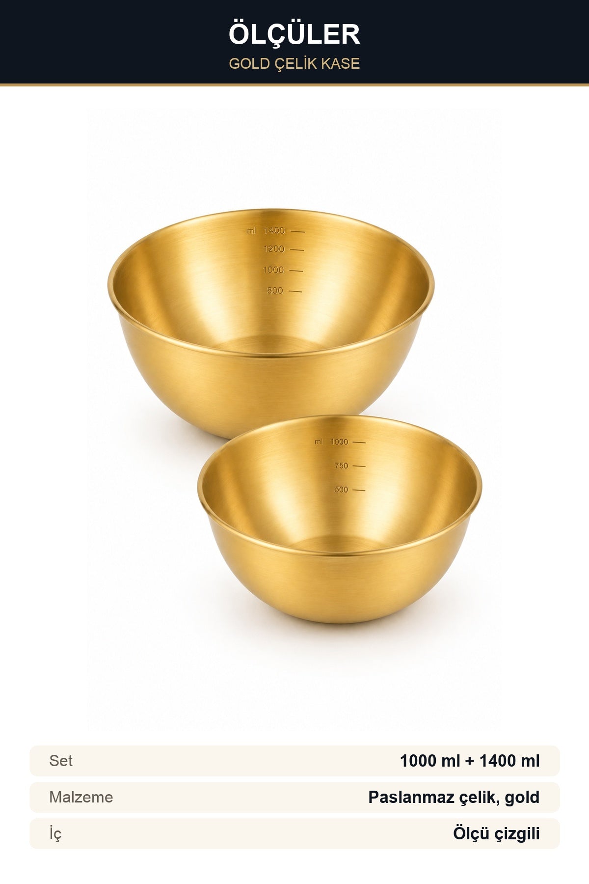 2'li Gold Çelik Karıştırma Kasesi 1000 ml 1400 ml Ölçü Çizgili Paslanm