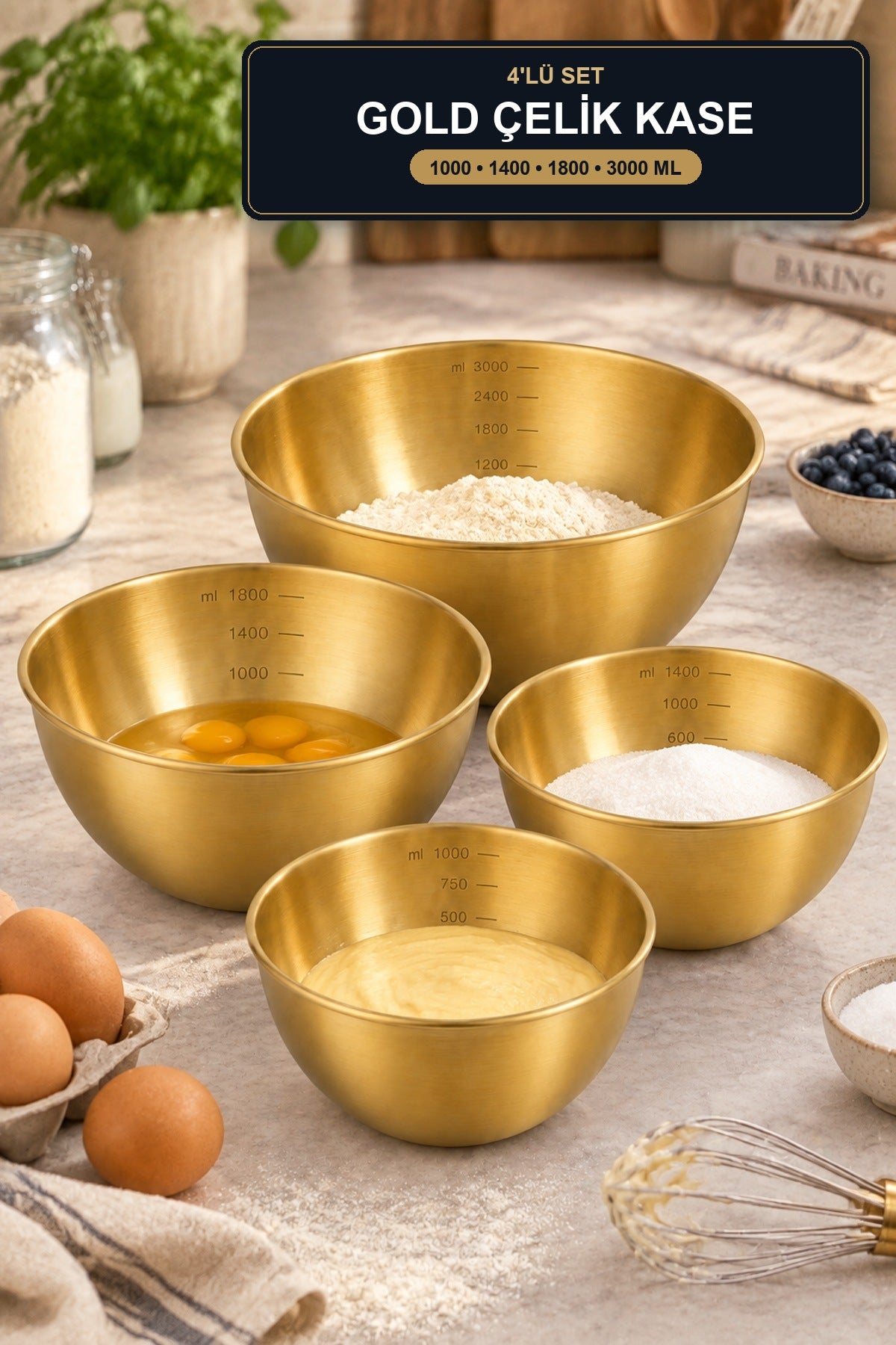 4'lü Gold Çelik Karıştırma Kasesi Seti 1000 1400 1800 3000 ml Ölçü Çiz