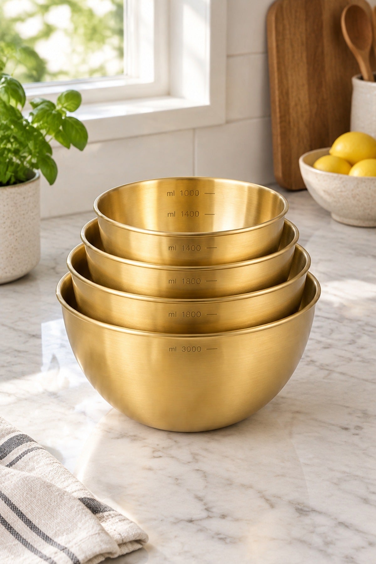 4'lü Gold Çelik Karıştırma Kasesi Seti 1000 1400 1800 3000 ml Ölçü Çiz