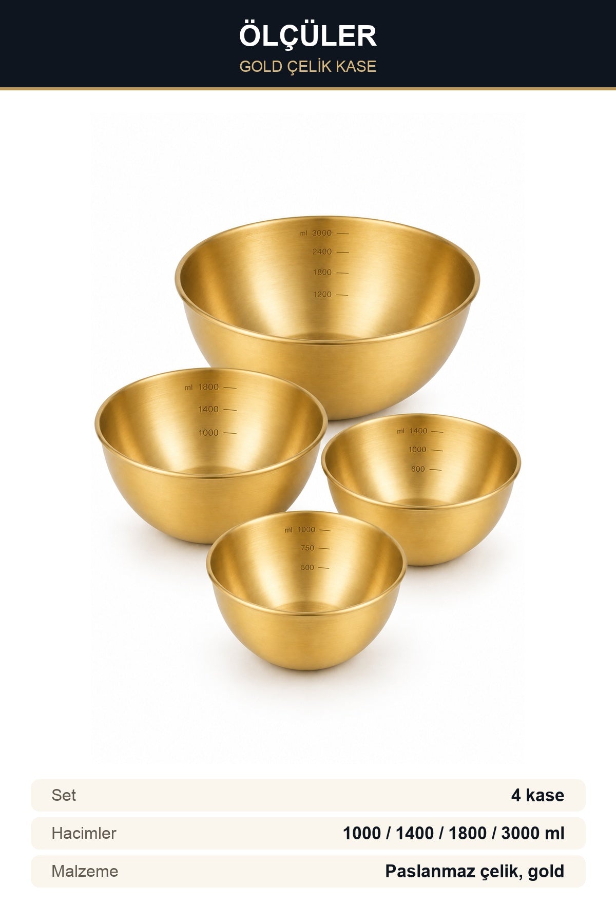 4'lü Gold Çelik Karıştırma Kasesi Seti 1000 1400 1800 3000 ml Ölçü Çiz