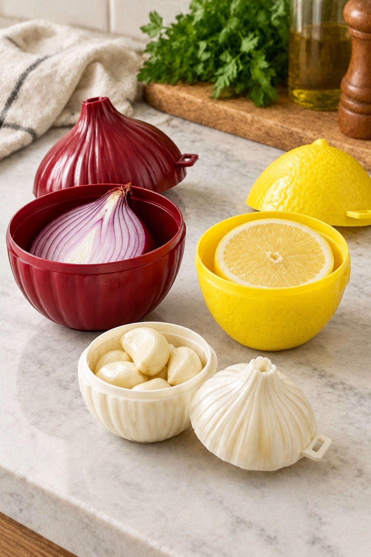 3'lü Koku Önleyici Soğan Sarımsak Limon Saklama Kabı Seti Kilitli Kapa