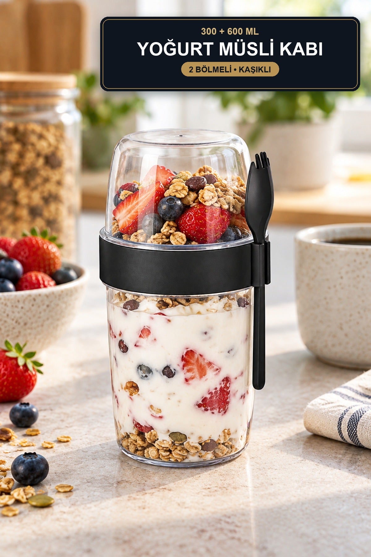 2 Bölmeli Yoğurt Müsli Kabı 300 600 ml Kaşıklı Taşınabilir Kahvaltı Sa