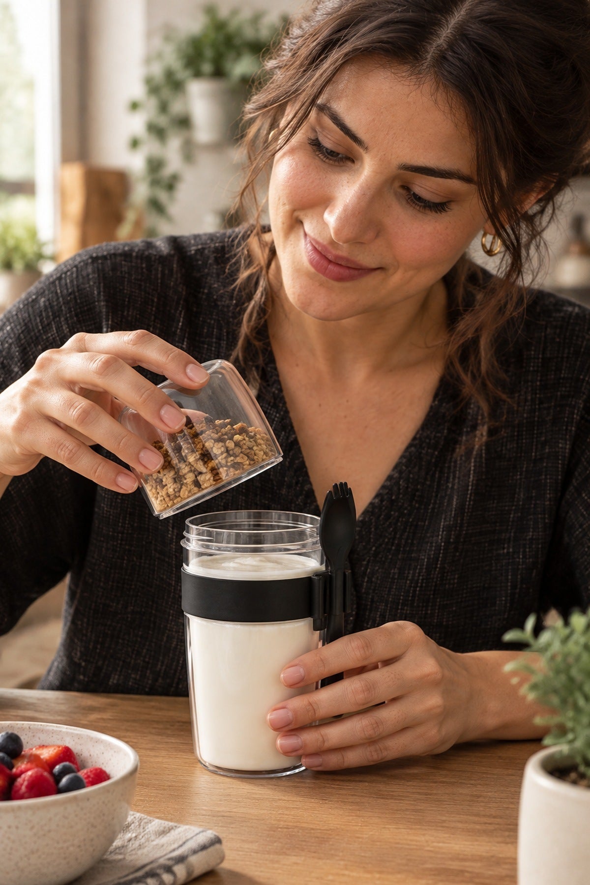 2 Bölmeli Yoğurt Müsli Kabı 300 600 ml Kaşıklı Taşınabilir Kahvaltı Sa