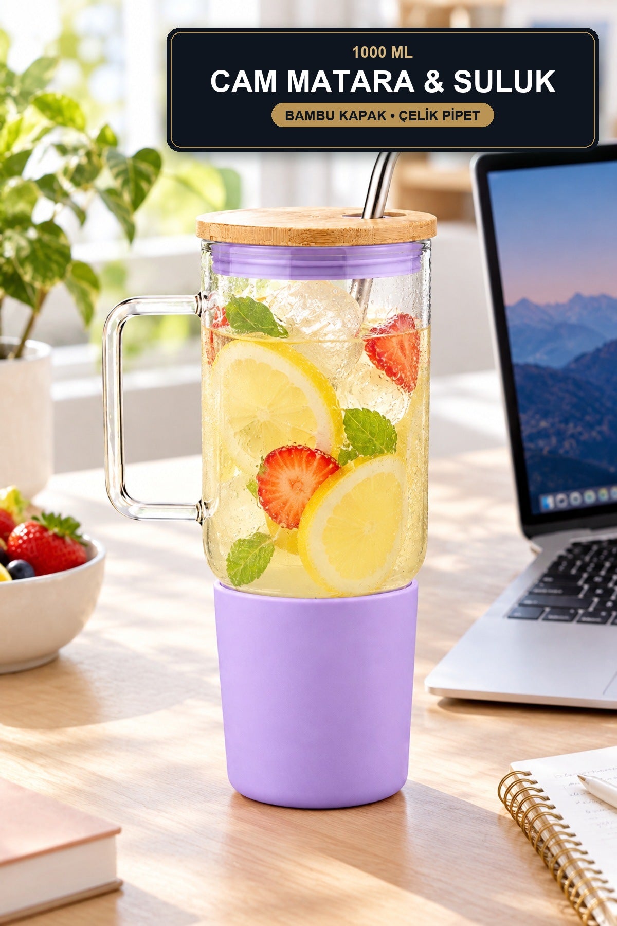 Cam Matara 1000 ml Bambu Kapaklı Çelik Pipetli Silikon Kılıflı Kulplu