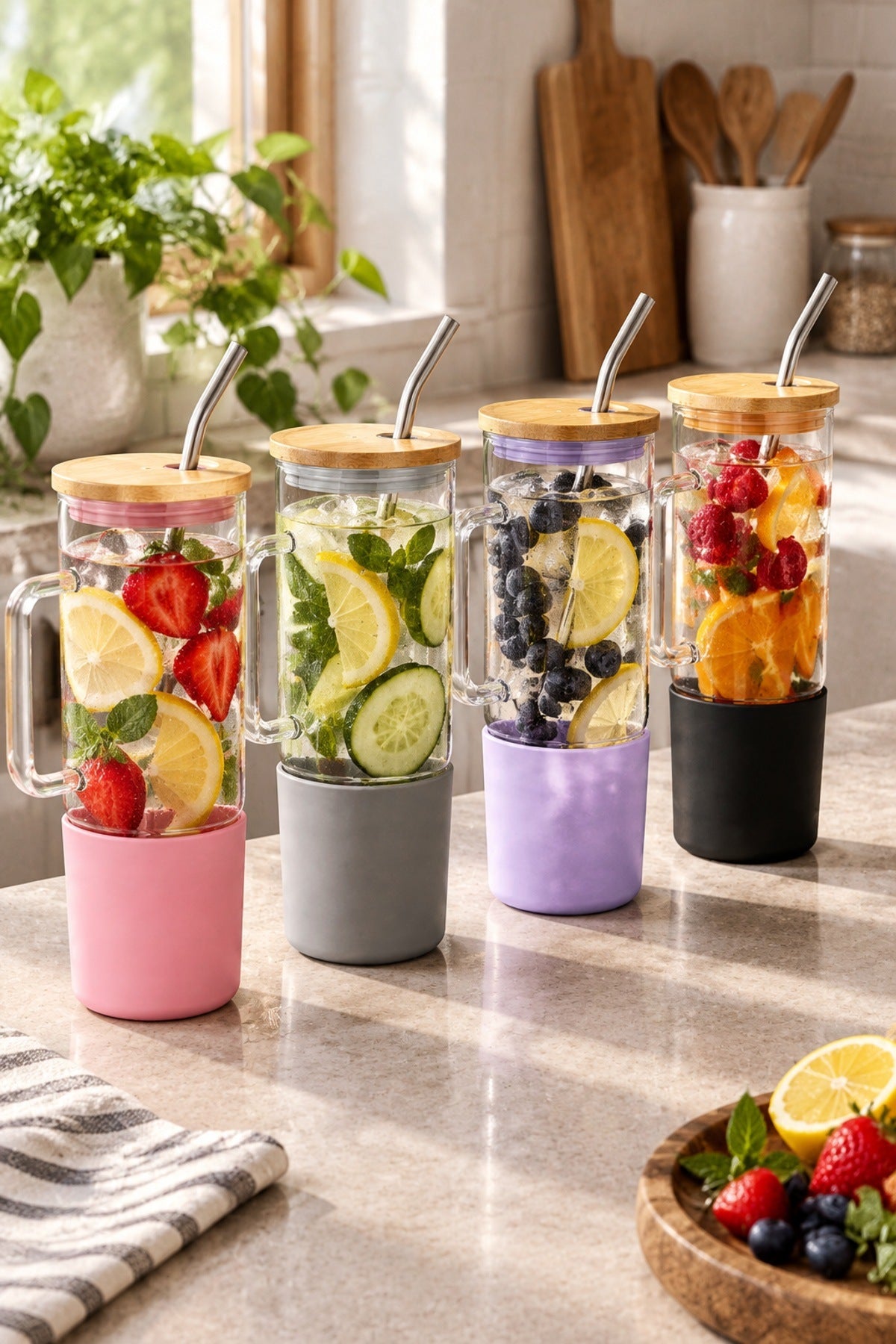Cam Matara 1000 ml Bambu Kapaklı Çelik Pipetli Silikon Kılıflı Kulplu