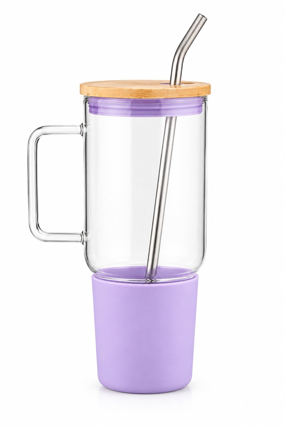 Cam Matara 1000 ml Bambu Kapaklı Çelik Pipetli Silikon Kılıflı Kulplu