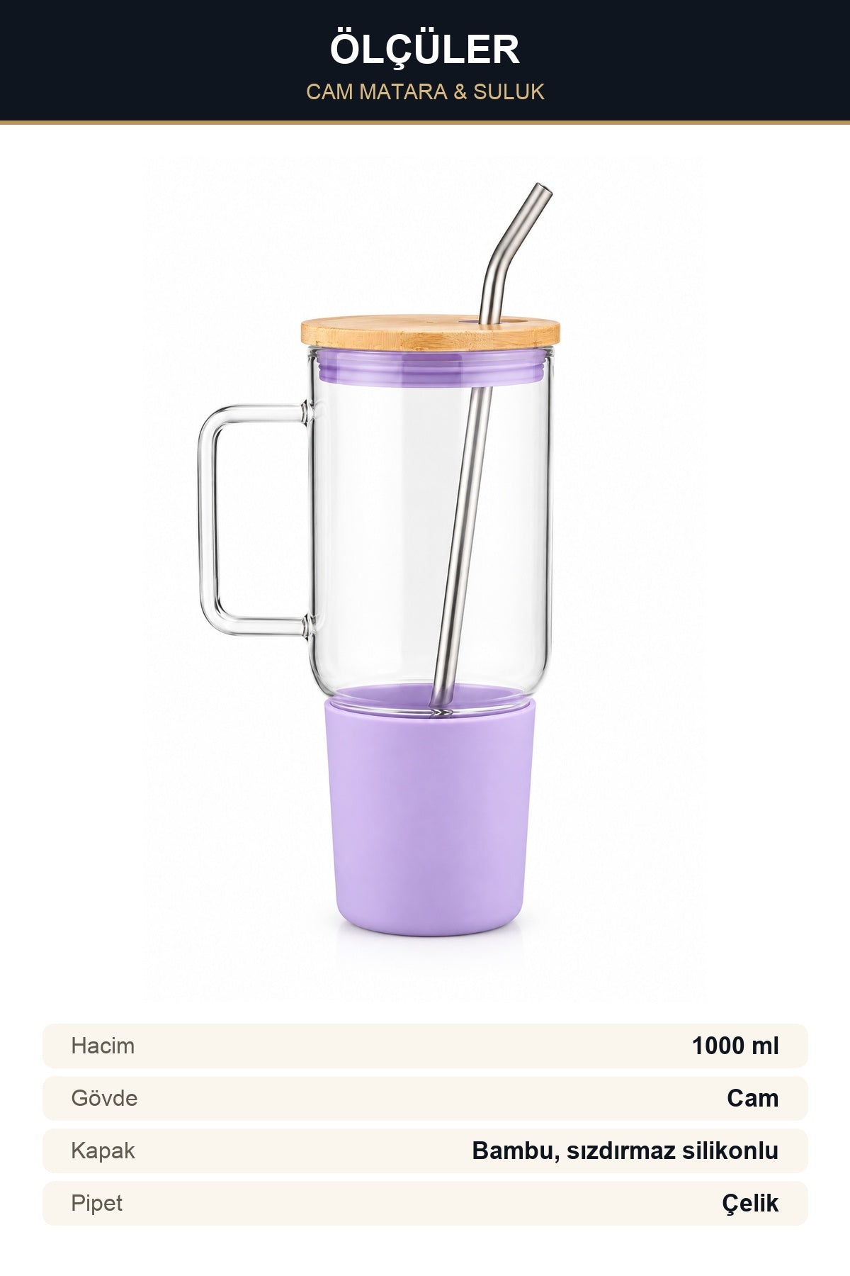 Cam Matara 1000 ml Bambu Kapaklı Çelik Pipetli Silikon Kılıflı Kulplu