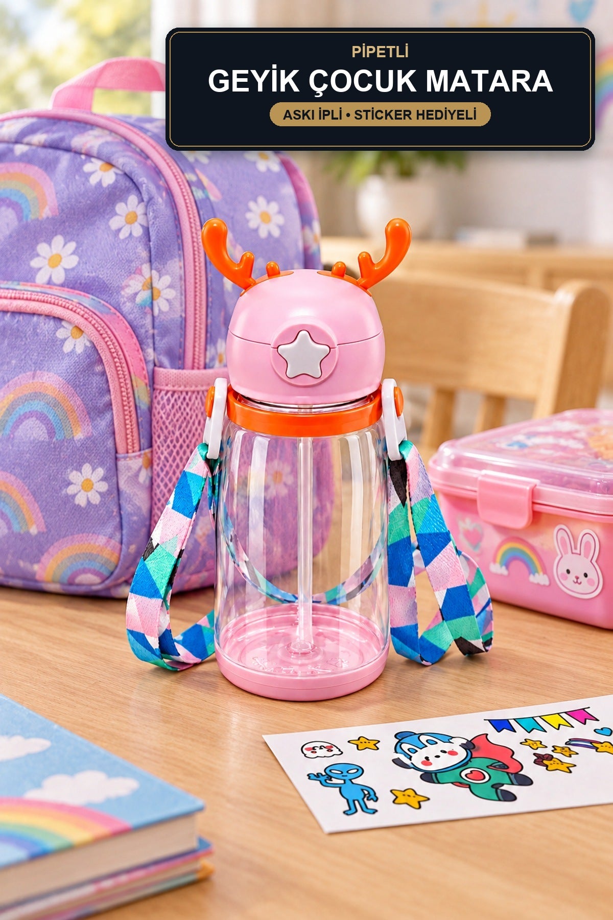 Geyik Model Pipetli Çocuk Matara Suluk Askı İpli Sticker Hediyeli Okul