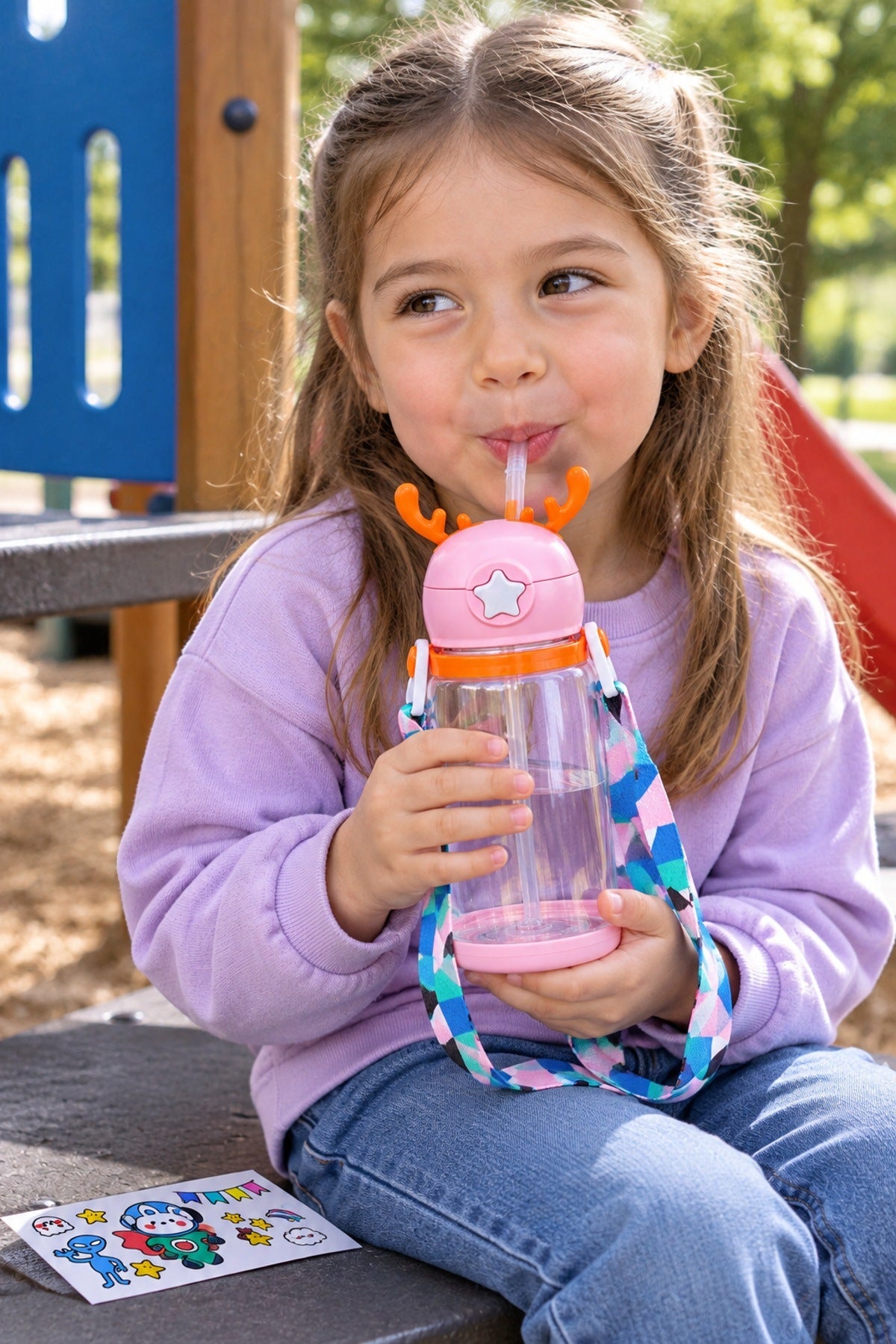 Geyik Model Pipetli Çocuk Matara Suluk Askı İpli Sticker Hediyeli Okul