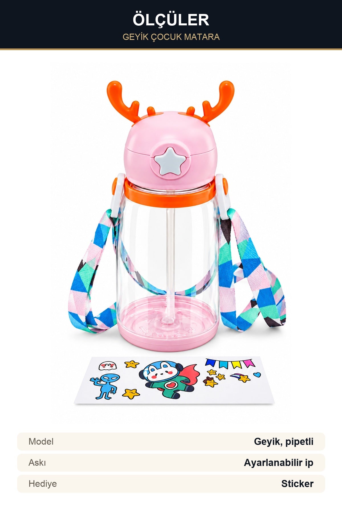 Geyik Model Pipetli Çocuk Matara Suluk Askı İpli Sticker Hediyeli Okul