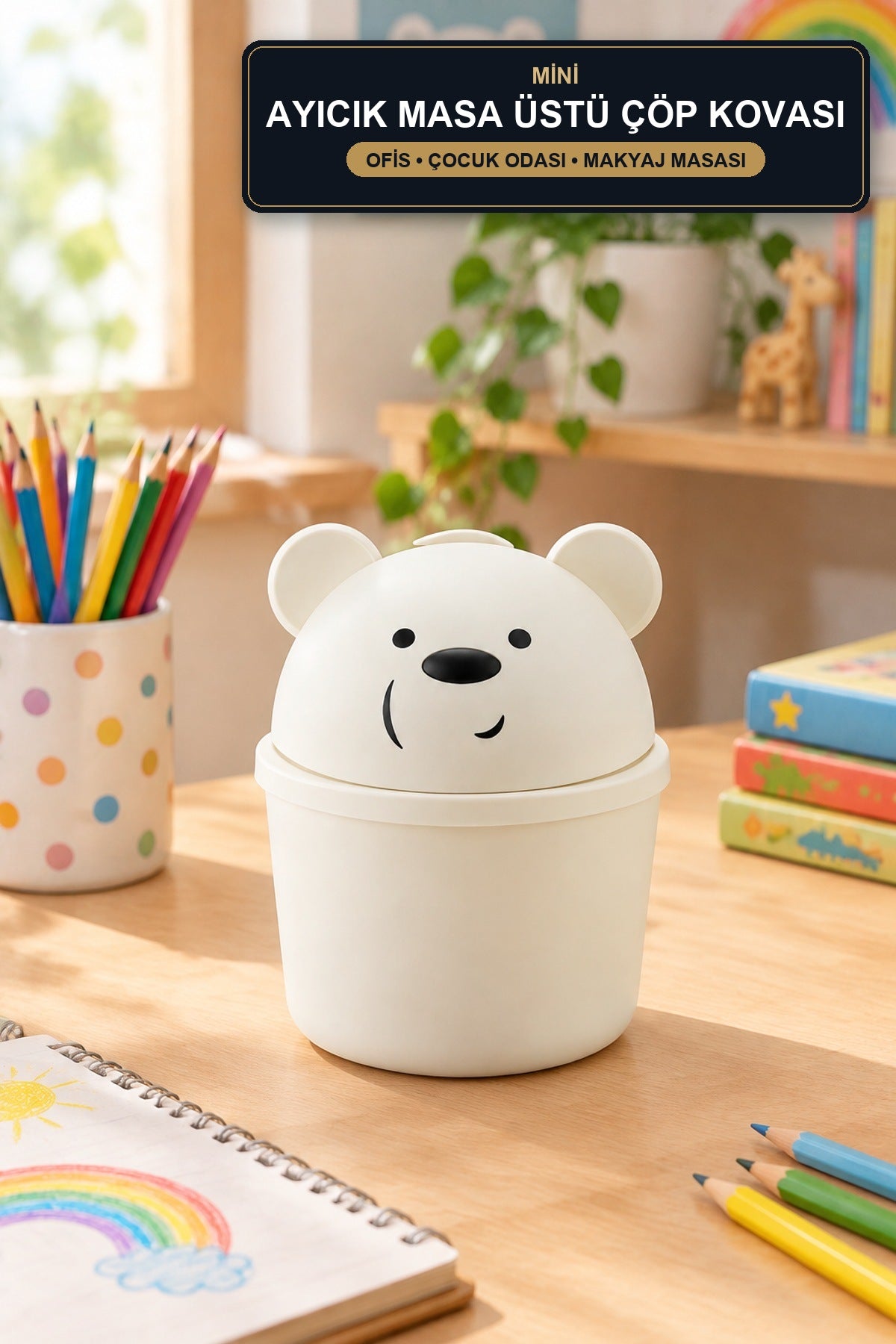Ayıcık Mini Masa Üstü Çöp Kovası 12,5x20,5 cm Sallanır Kapaklı Ofis Ço