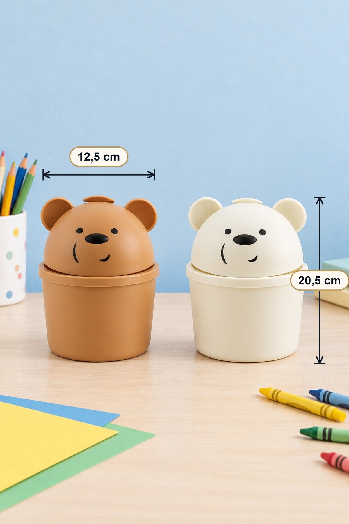 Ayıcık Mini Masa Üstü Çöp Kovası 12,5x20,5 cm Sallanır Kapaklı Ofis Ço