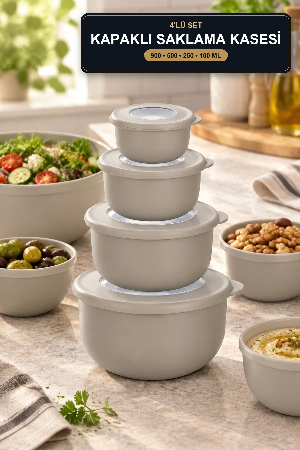 4'lü Kapaklı Kase Saklama Kabı Seti 900 500 250 100 ml Pencereli Kapak