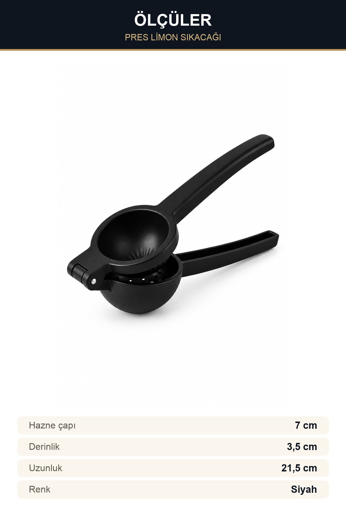 Pres Limon Sıkacağı Çelik Metal Siyah Kollu Meyve Sıkacağı 7 cm Hazne