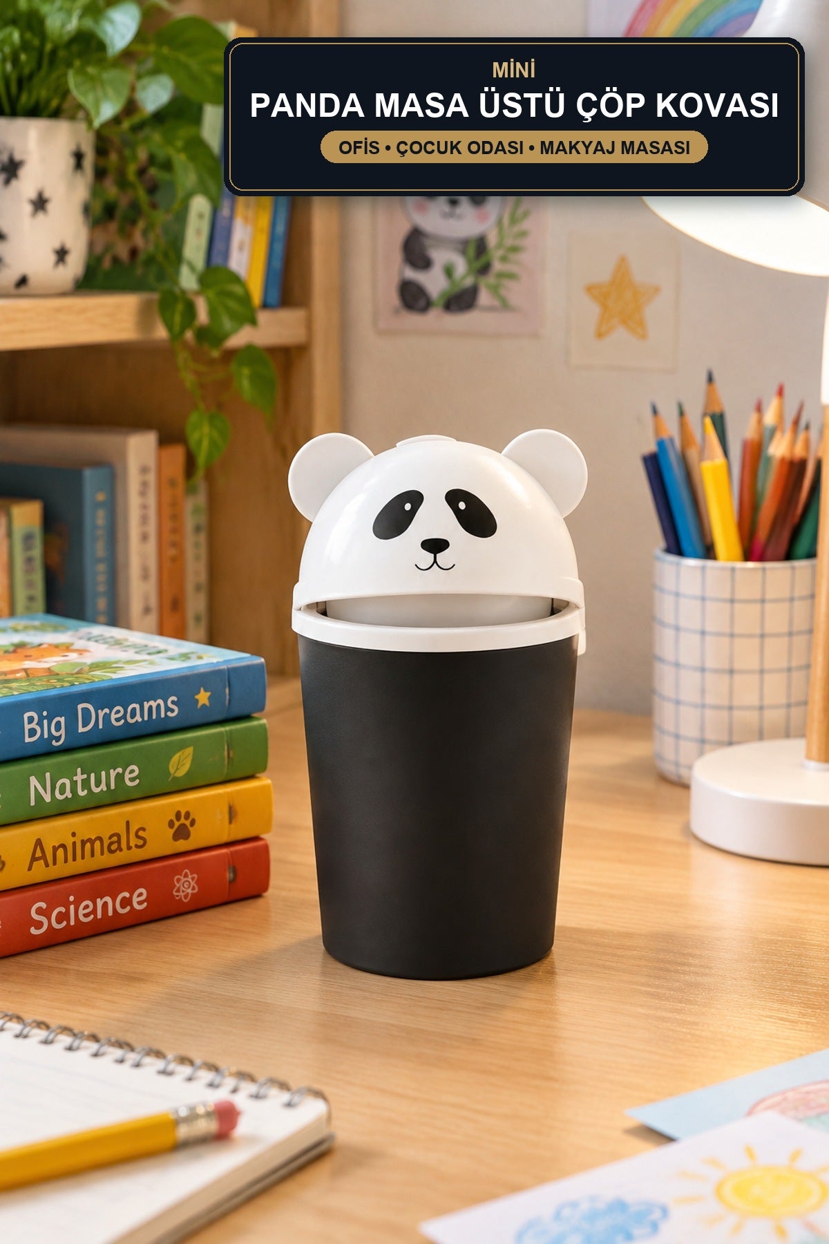Panda Mini Masa Üstü Çöp Kovası Sallanır Kapaklı Ofis Çocuk Odası Maky