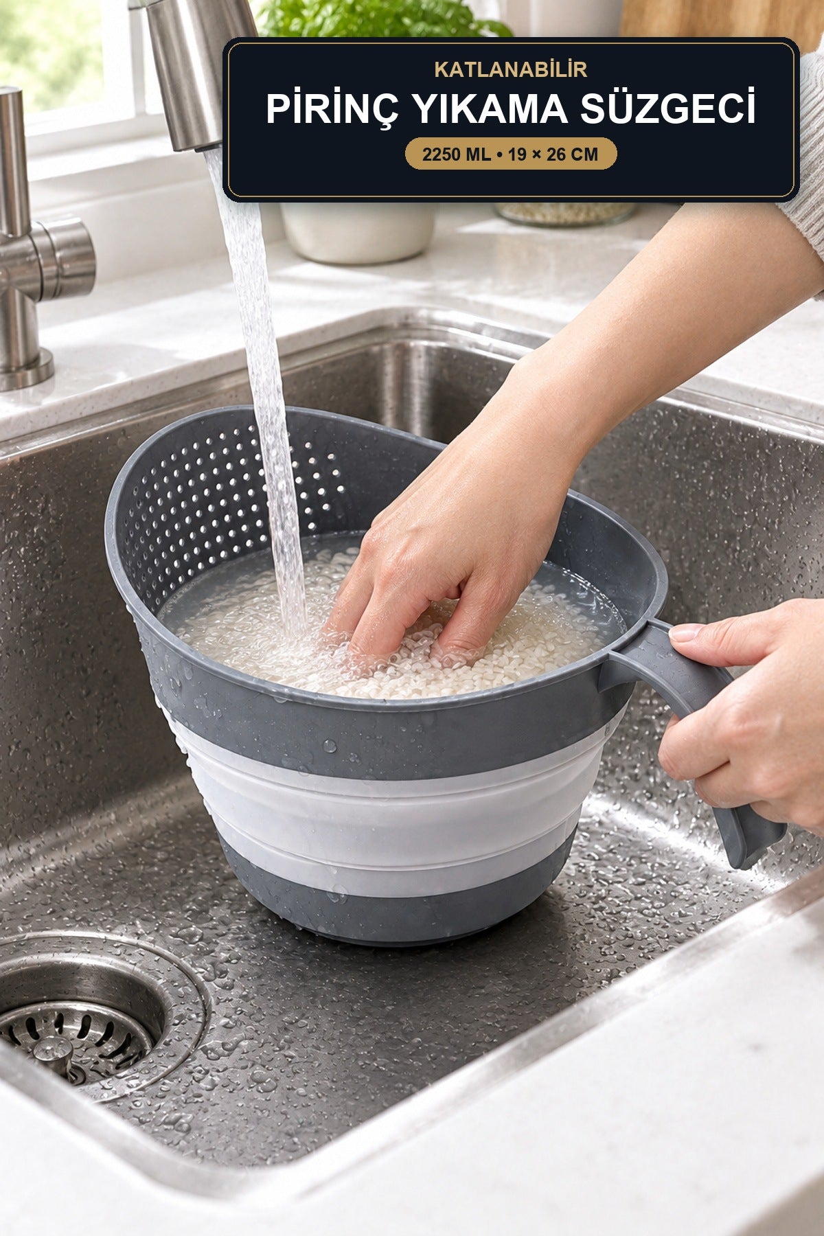 Katlanabilir Pirinç Yıkama Süzgeci 2250 ml Saplı Bakliyat Süzgeci 19x2