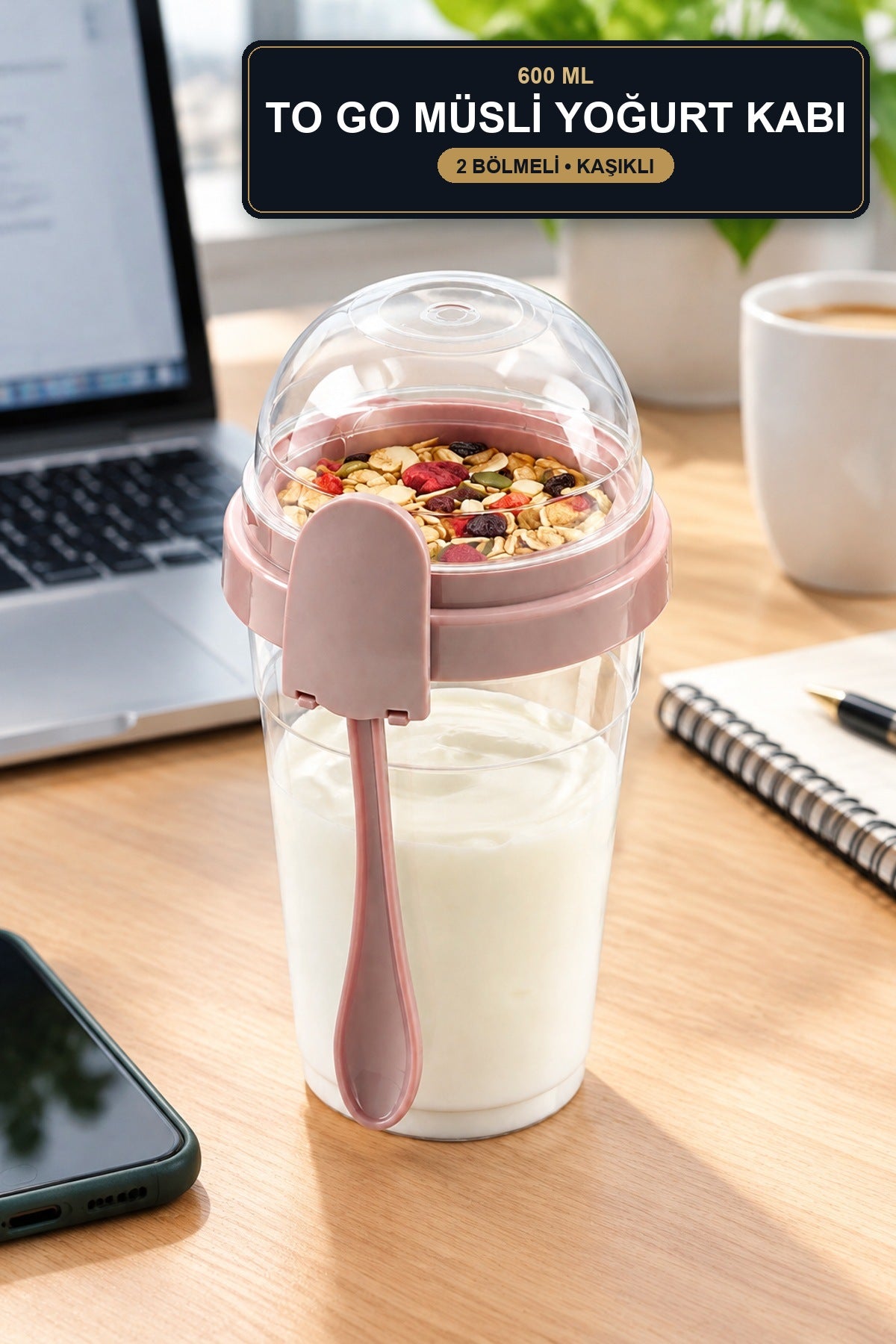 To Go Müsli Yoğurt Kabı 600 ml 2 Bölmeli Kaşıklı Taşınabilir Kahvaltı