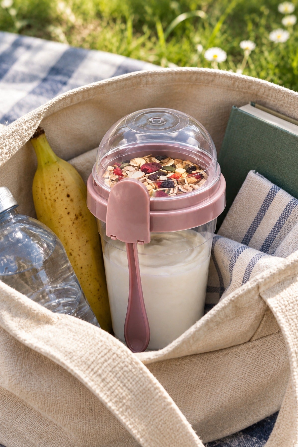 To Go Müsli Yoğurt Kabı 600 ml 2 Bölmeli Kaşıklı Taşınabilir Kahvaltı
