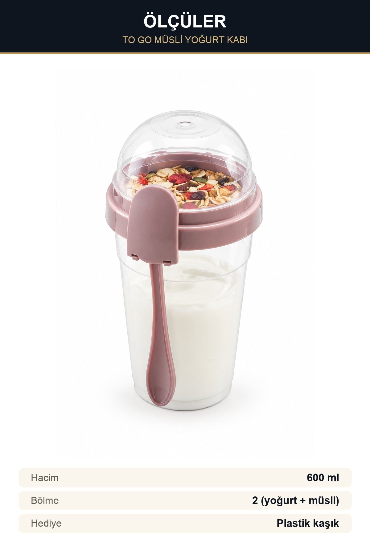 To Go Müsli Yoğurt Kabı 600 ml 2 Bölmeli Kaşıklı Taşınabilir Kahvaltı