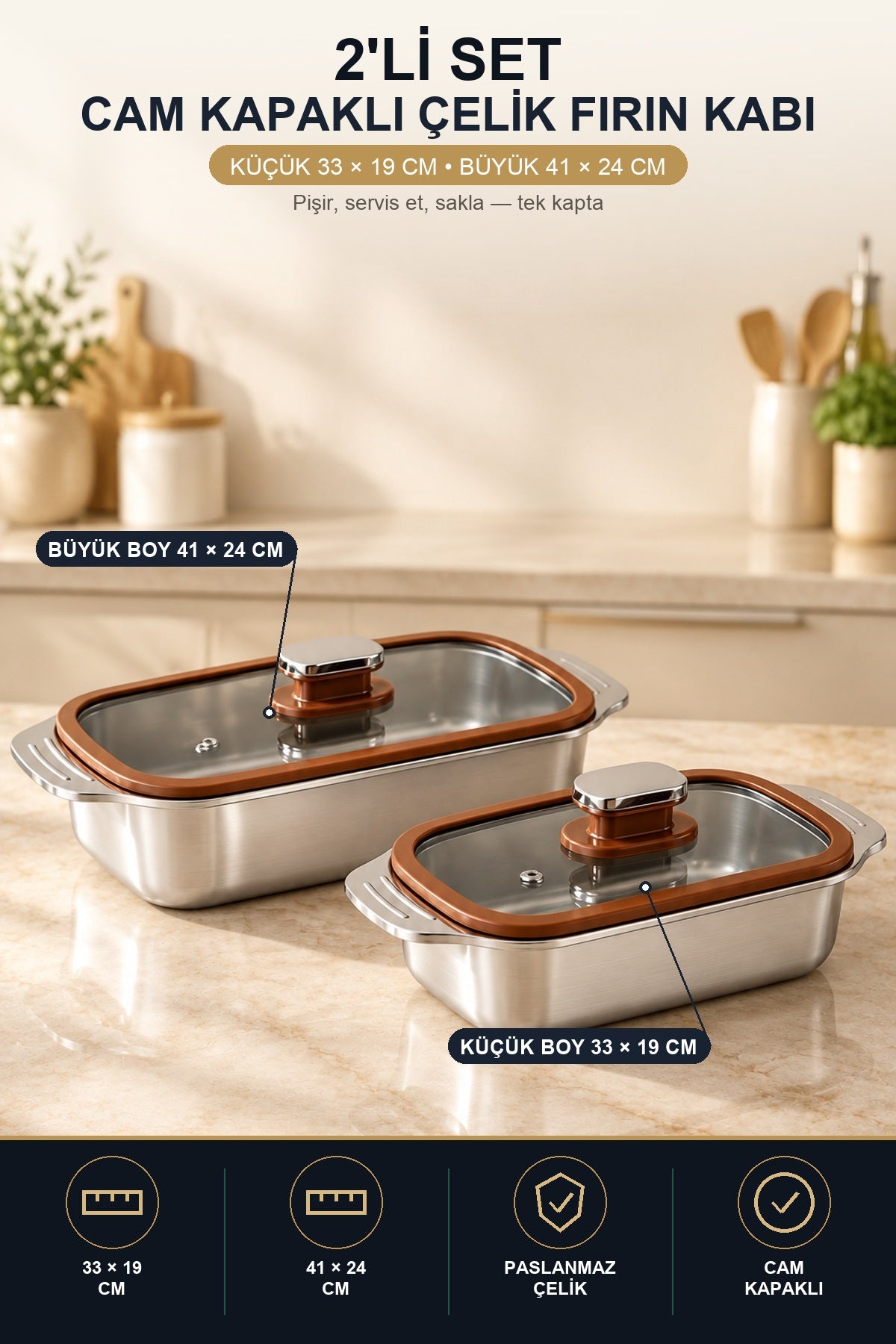 2'li Cam Kapaklı Çelik Fırın Kabı Seti 33x19 ve 41x24 cm Küçük ve Büyü