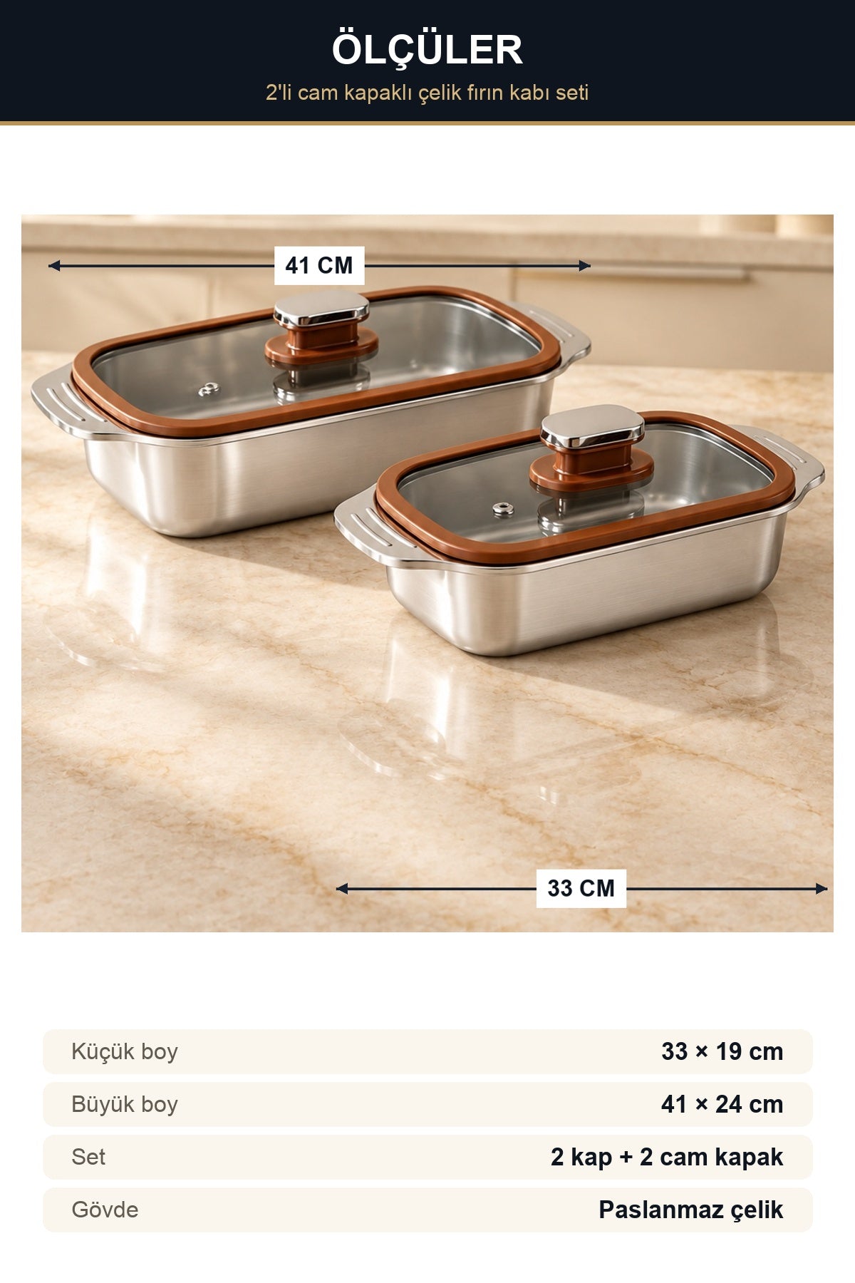 2'li Cam Kapaklı Çelik Fırın Kabı Seti 33x19 ve 41x24 cm Küçük ve Büyü