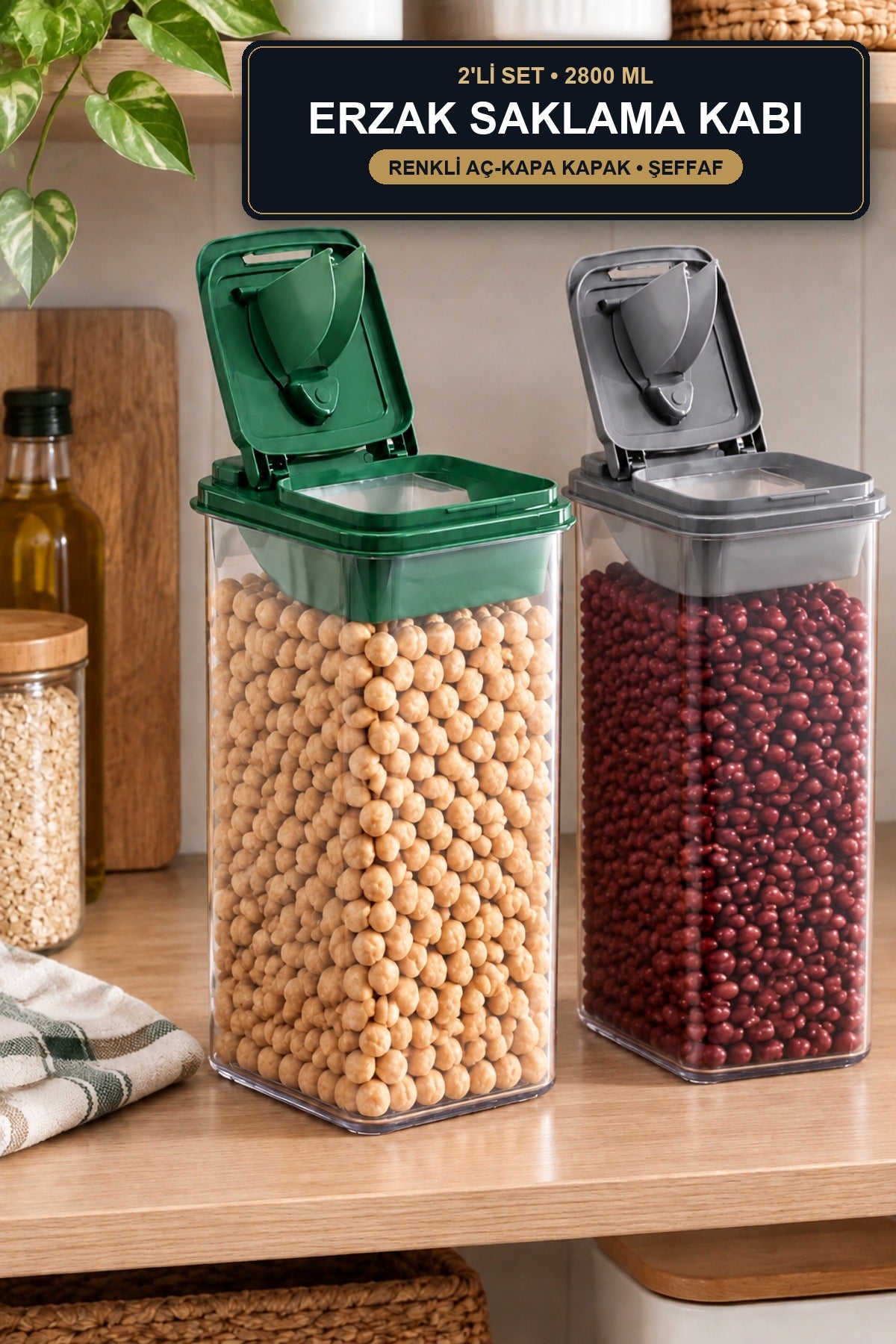 Freshmax Erzak Saklama Kabı 2'li Set 2800 ml Renkli Aç Kapa Kapaklı Ba