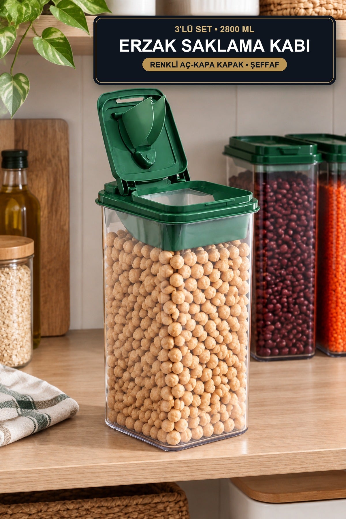 Freshmax Erzak Saklama Kabı 3'lü Set 2800 ml Renkli Aç Kapa Kapaklı Ba