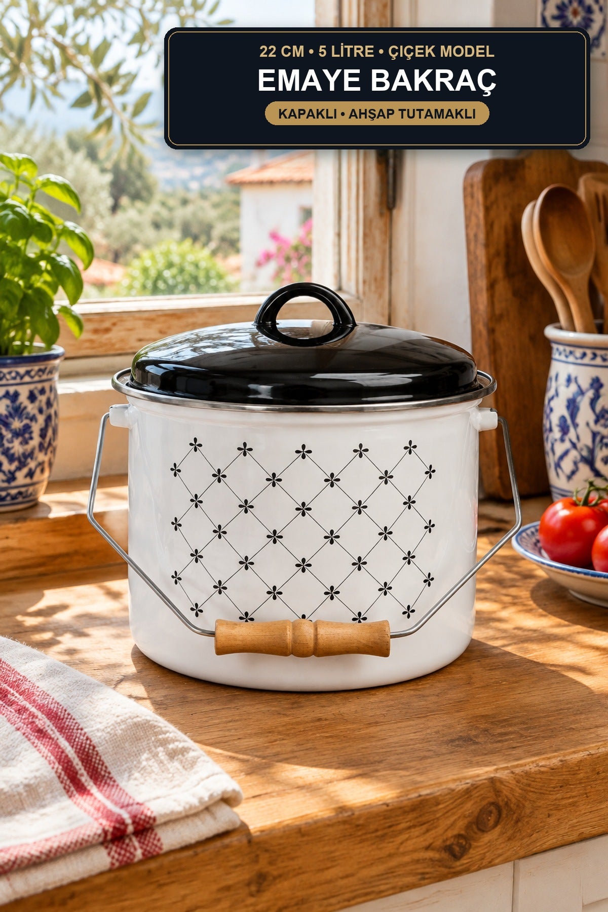 Emaye Bakraç 22 cm 5 Litre Kuş Model Kapaklı Ahşap Tutamaklı Süt ve Yo Çiçek Model