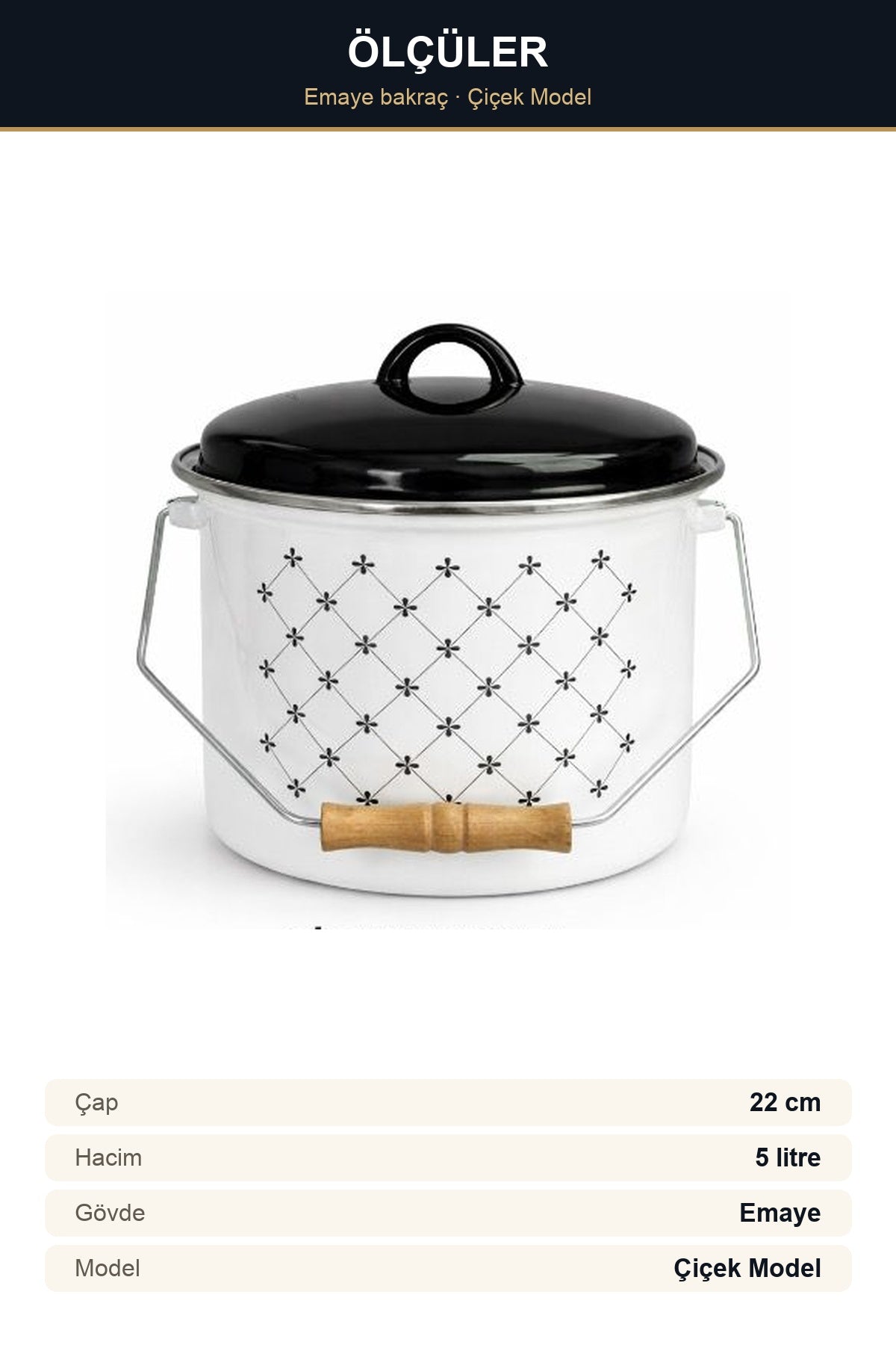 Emaye Bakraç 22 cm 5 Litre Kuş Model Kapaklı Ahşap Tutamaklı Süt ve Yo Çiçek Model